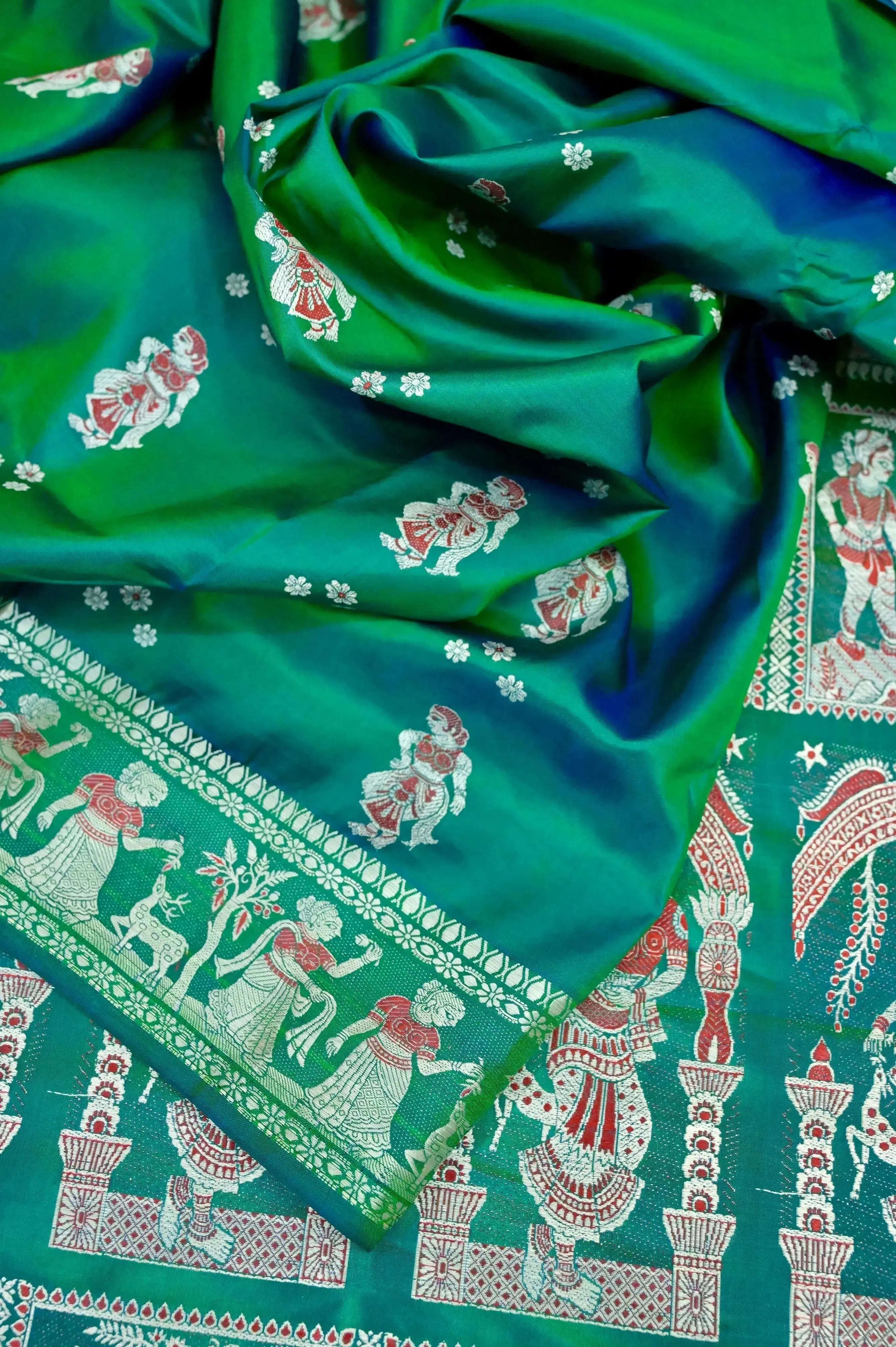 Dual Tone Green and Blue Color Pure Baluchari Silk Saree with Meenakari Work