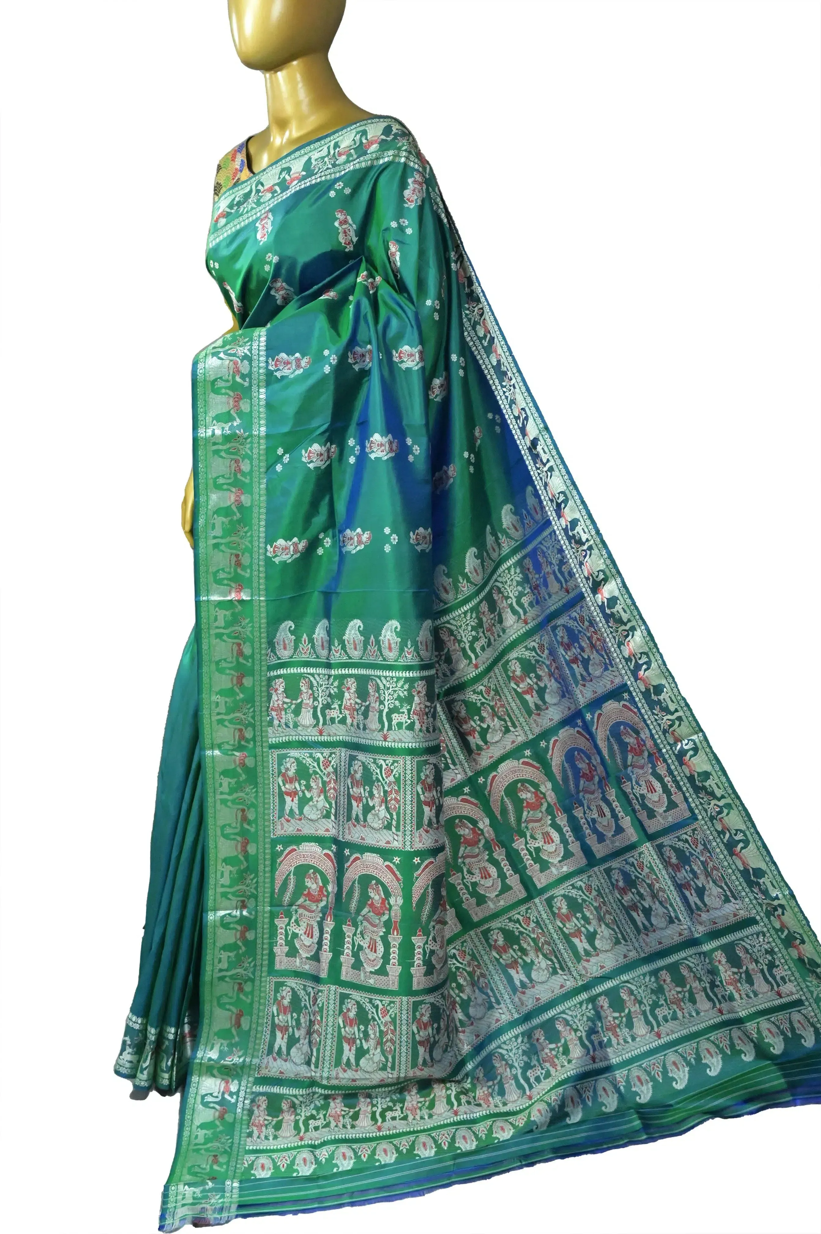 Dual Tone Green and Blue Color Pure Baluchari Silk Saree with Meenakari Work