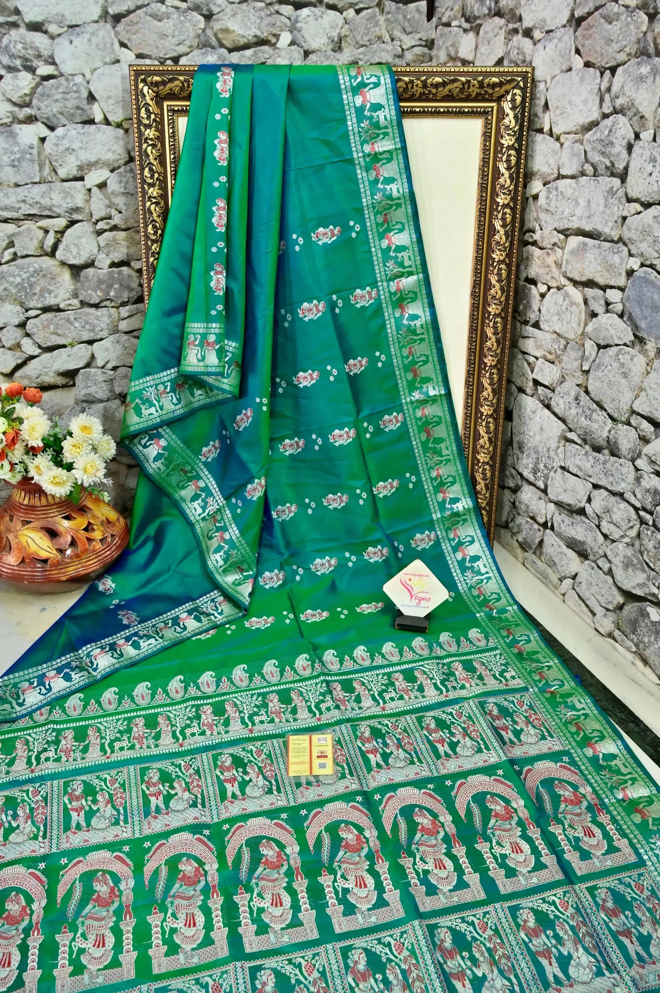 Dual Tone Green and Blue Color Pure Baluchari Silk Saree with Meenakari Work