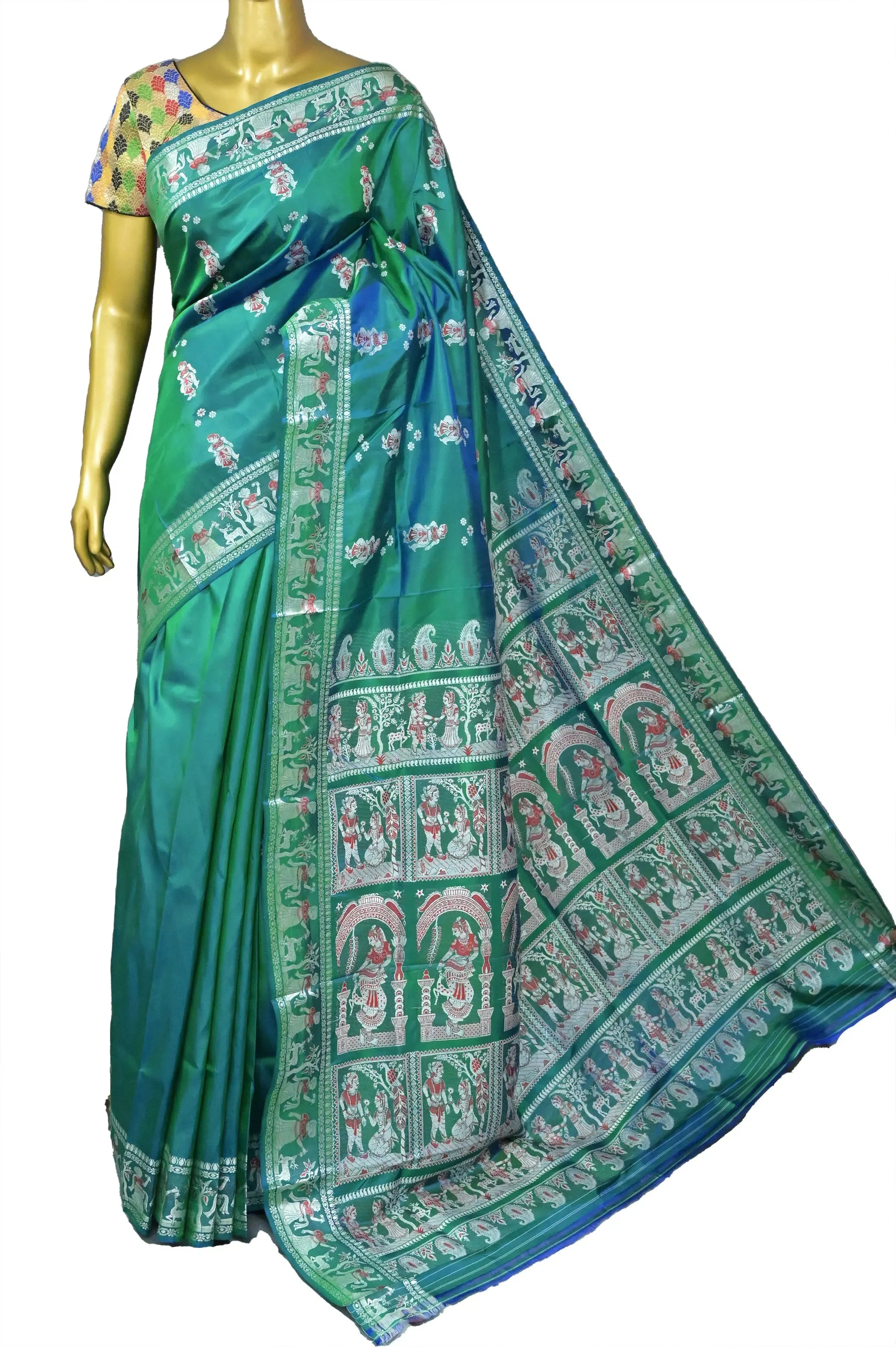 Dual Tone Green and Blue Color Pure Baluchari Silk Saree with Meenakari Work