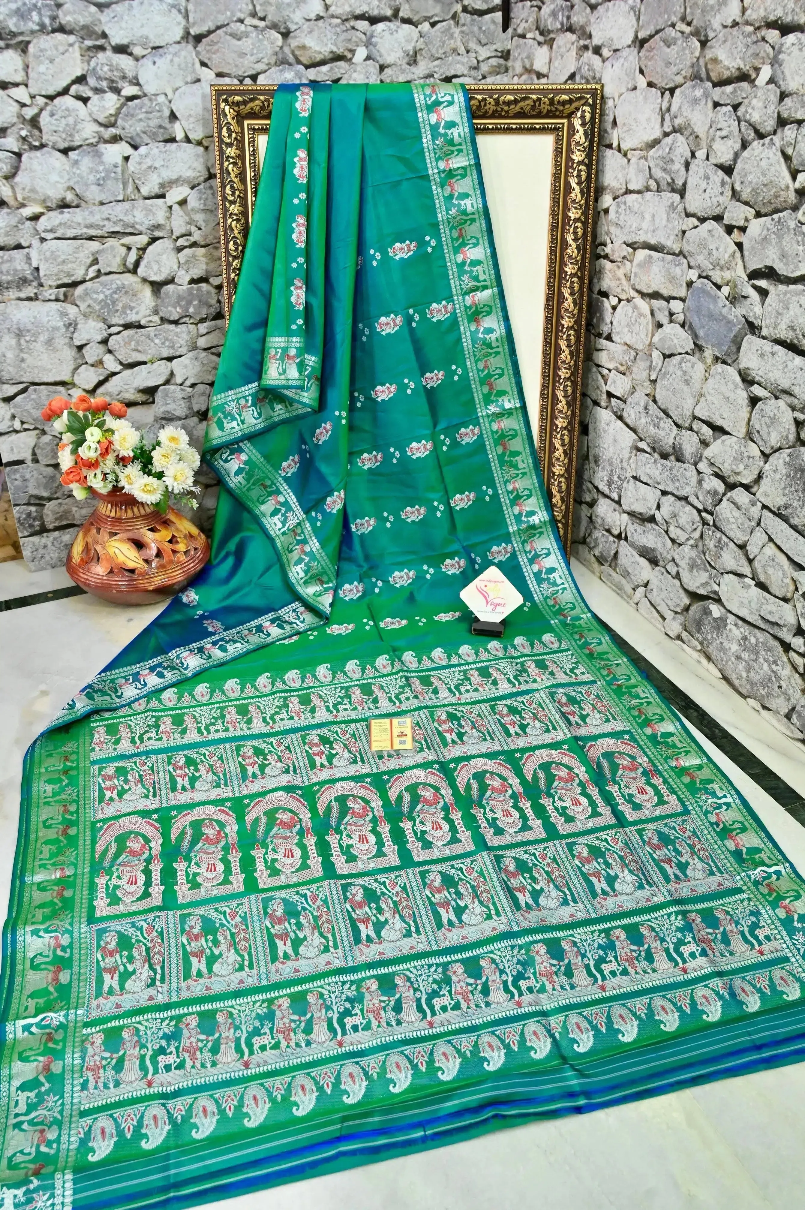 Dual Tone Green and Blue Color Pure Baluchari Silk Saree with Meenakari Work