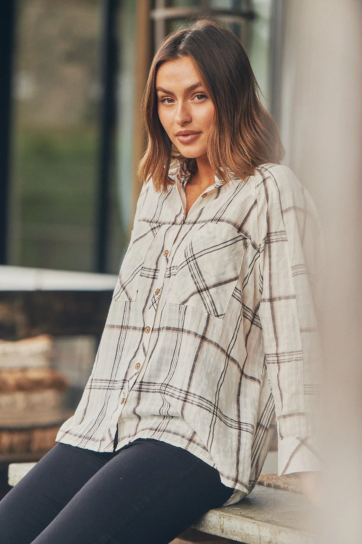 Elandra Beige Check Long Sleeve Batwing Shirt