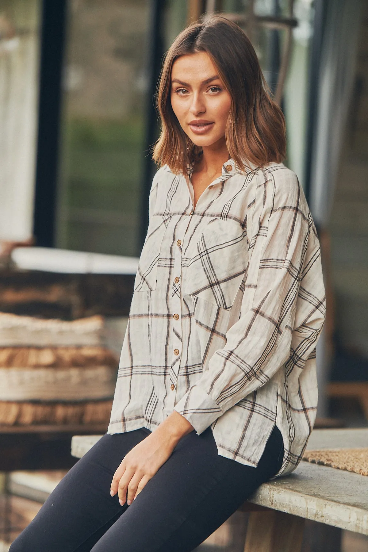 Elandra Beige Check Long Sleeve Batwing Shirt