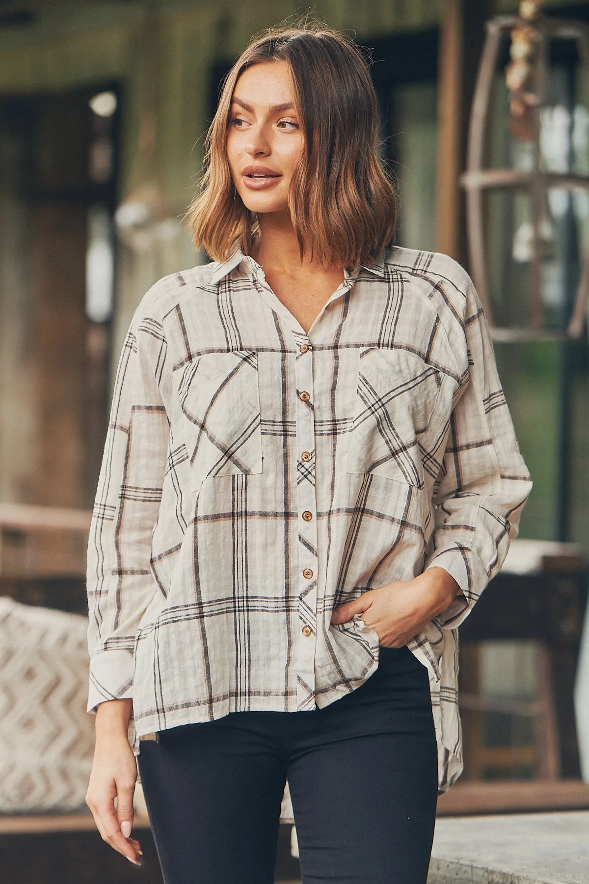 Elandra Beige Check Long Sleeve Batwing Shirt