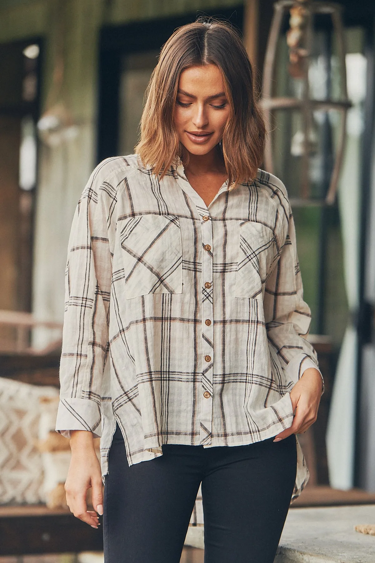 Elandra Beige Check Long Sleeve Batwing Shirt