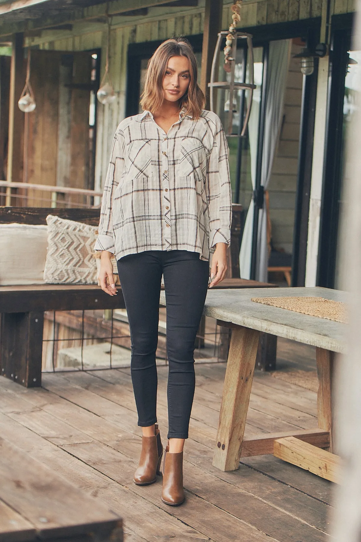 Elandra Beige Check Long Sleeve Batwing Shirt