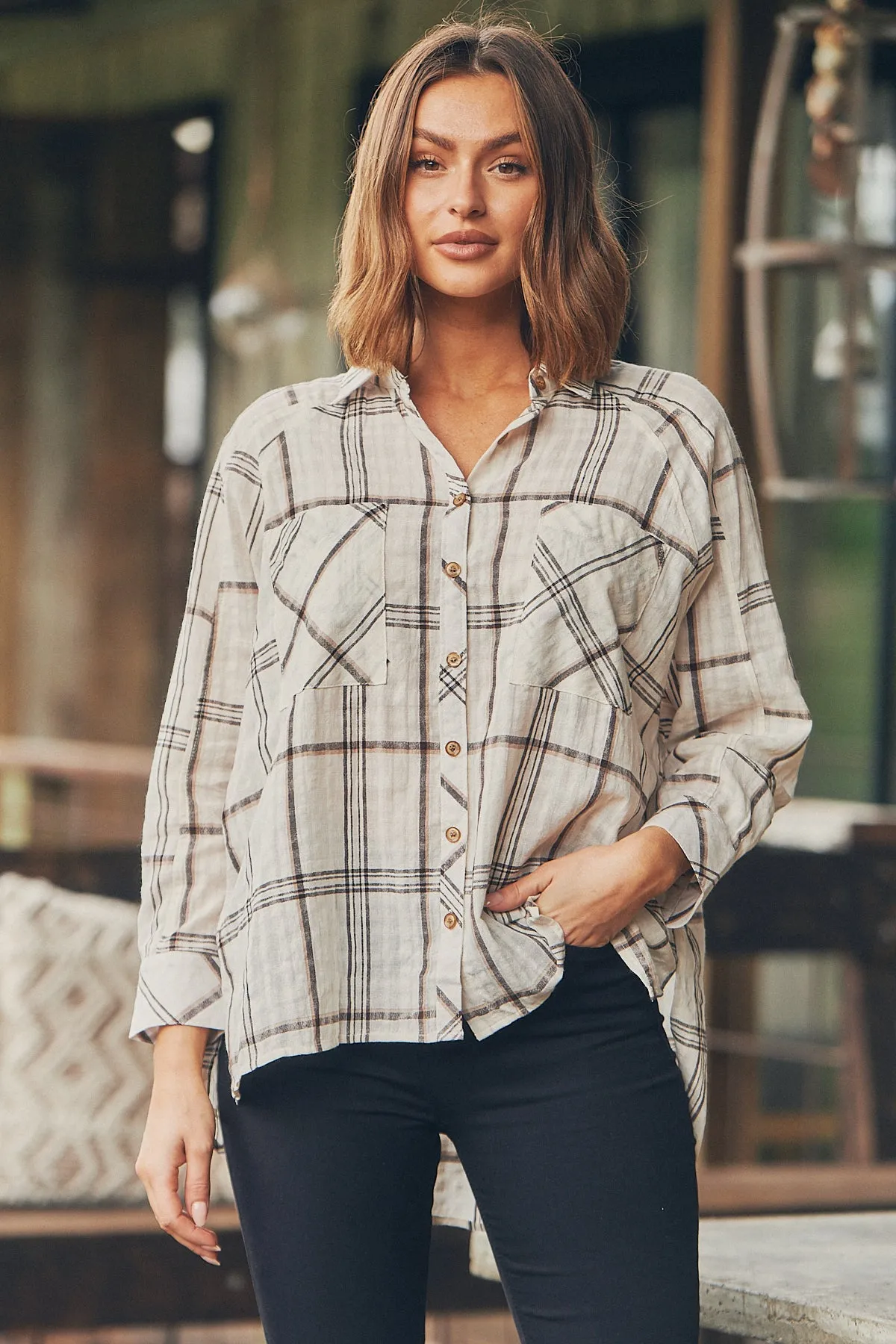 Elandra Beige Check Long Sleeve Batwing Shirt