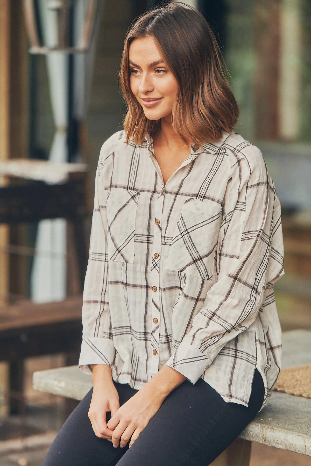 Elandra Beige Check Long Sleeve Batwing Shirt