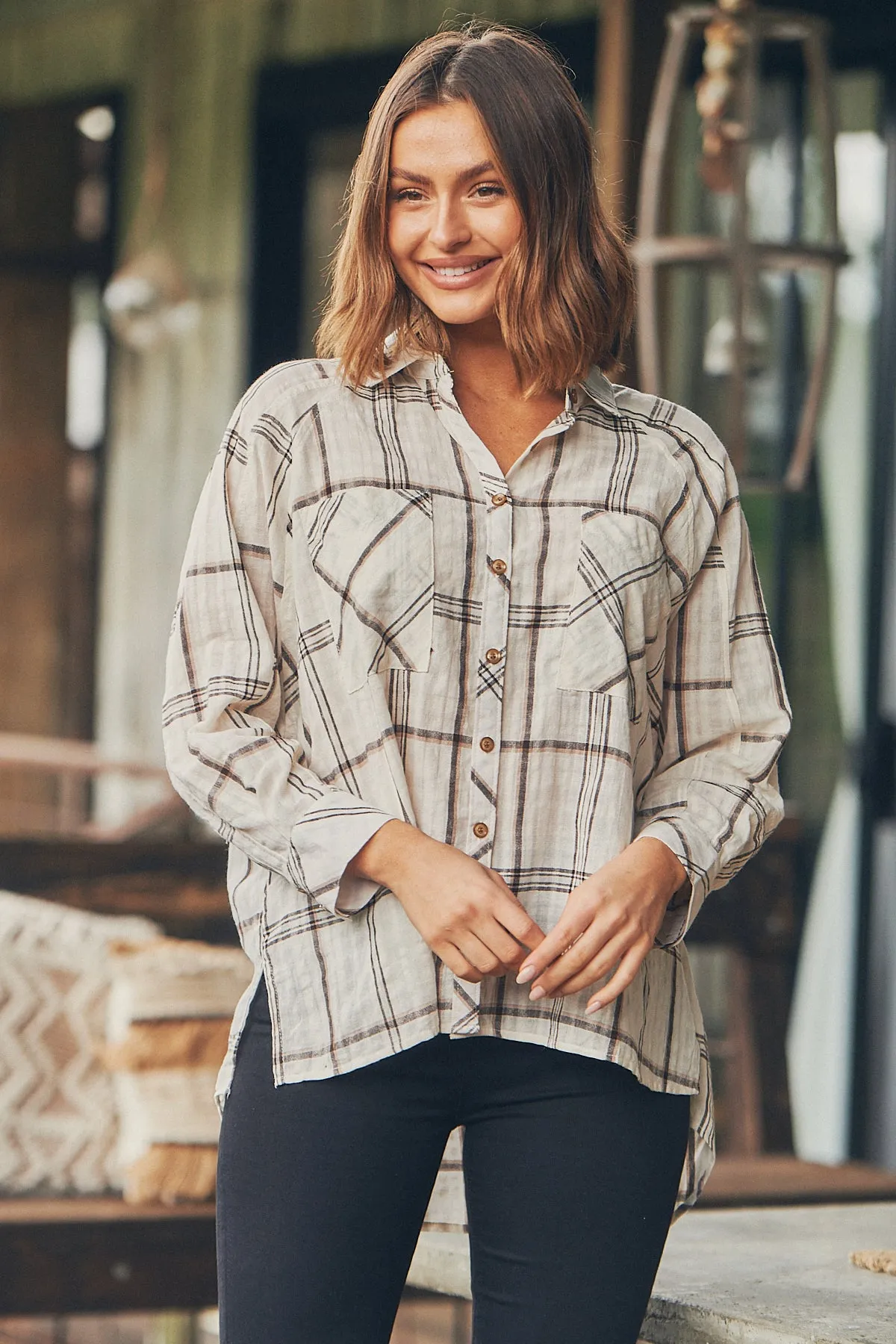 Elandra Beige Check Long Sleeve Batwing Shirt