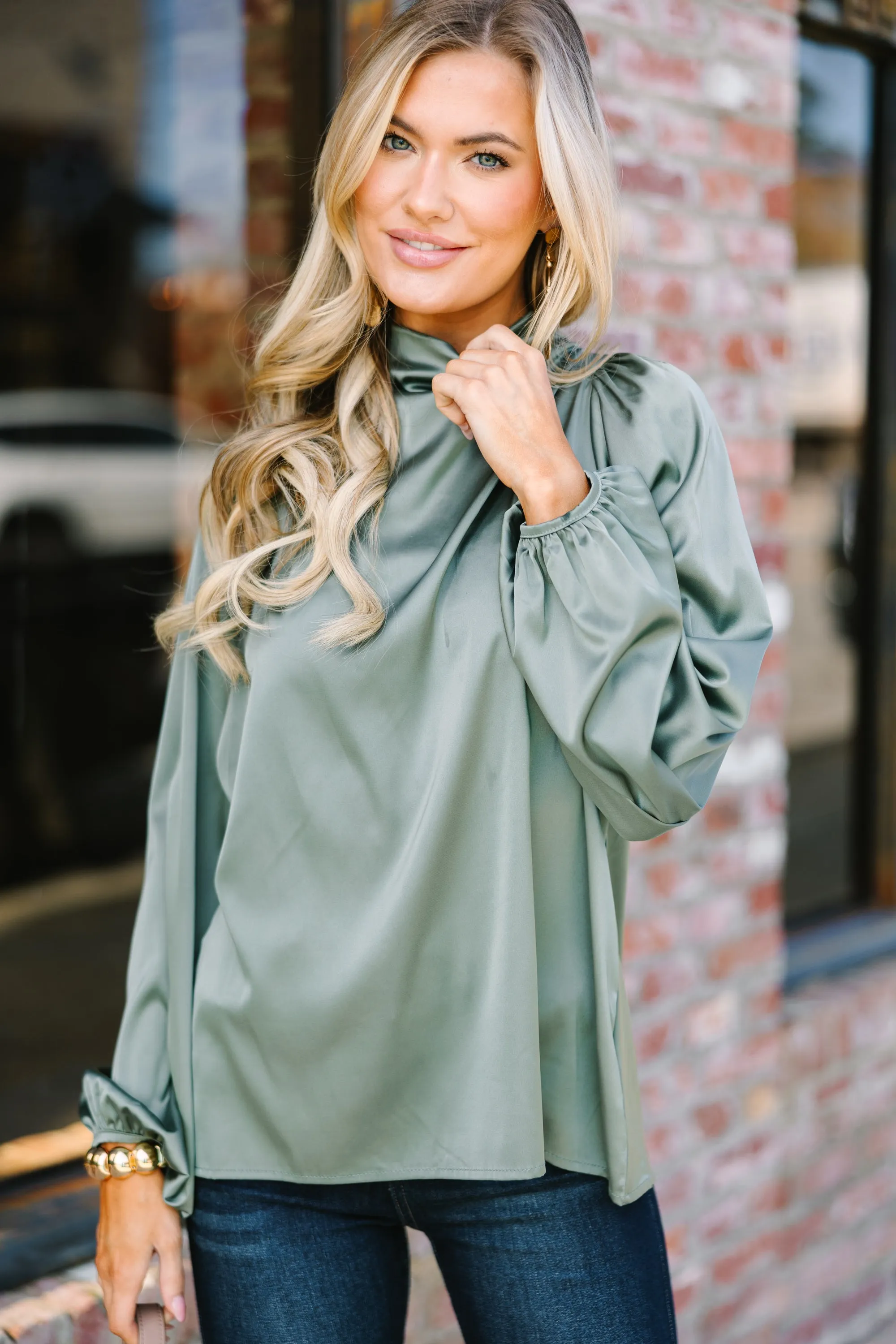 Embrace The Joy Light Olive Green Satin Blouse