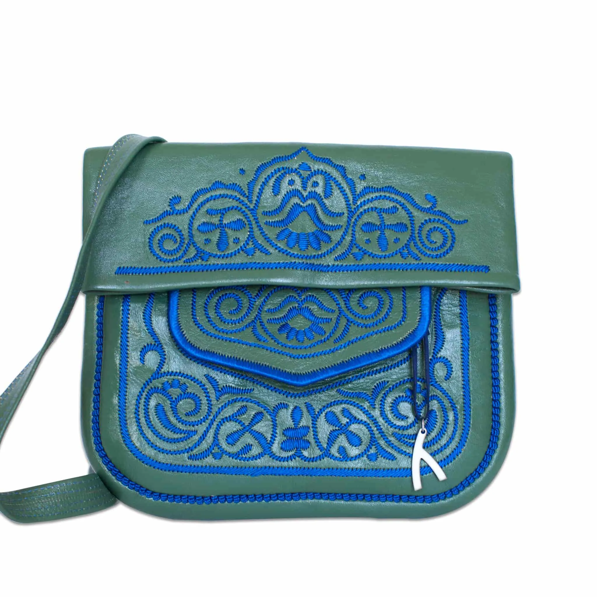 Embroidered Leather Berber Bag in Green, Blue