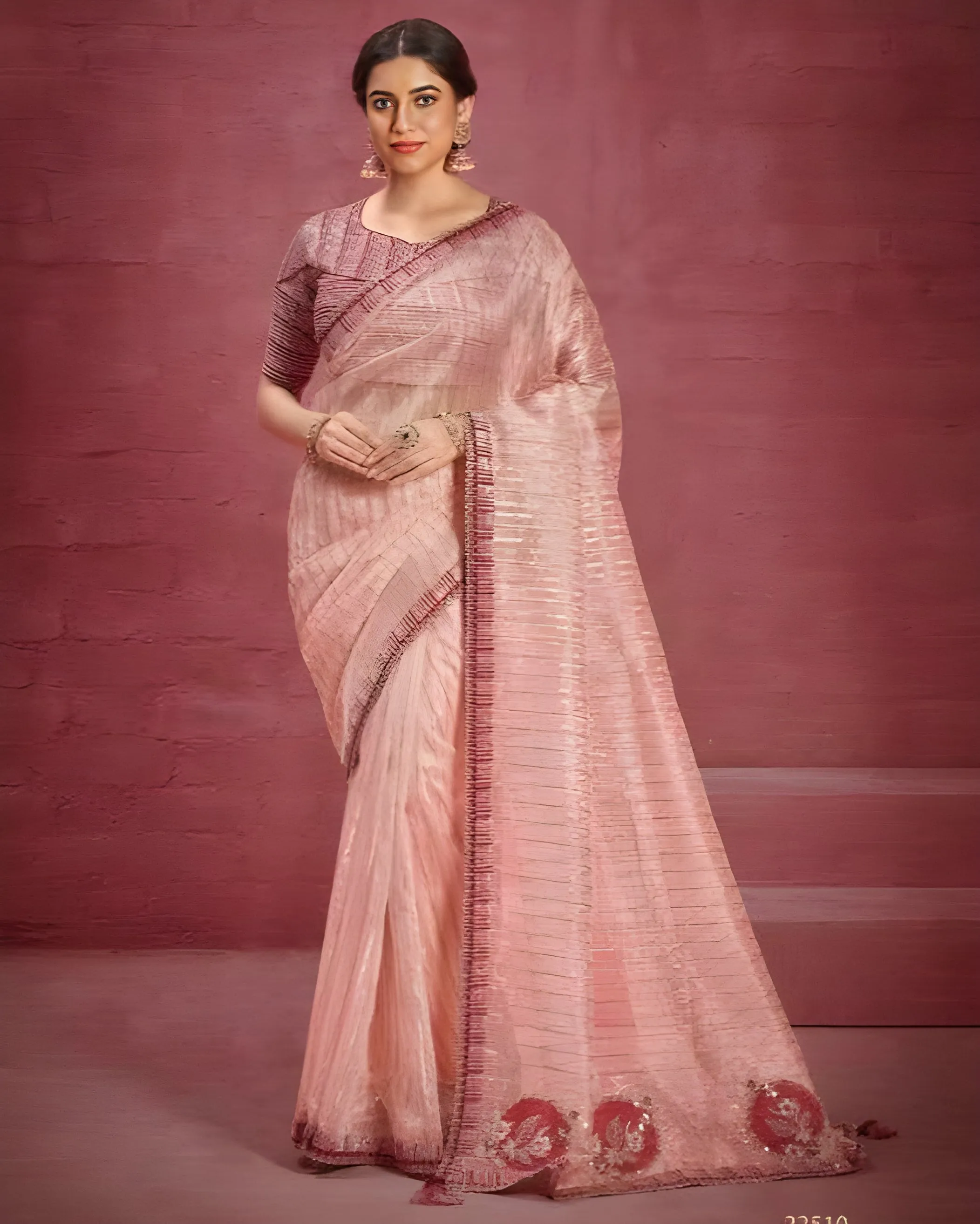 Embroidered Patterned Organza Designer Saree Pink