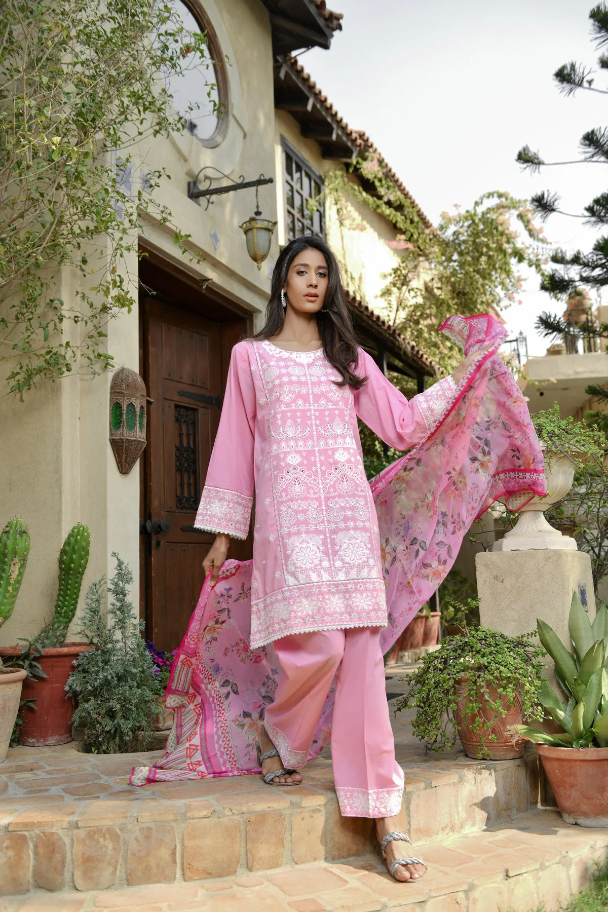 Embroidered Pink Color Chikankari Lawn Suits (JANAN MK-005)