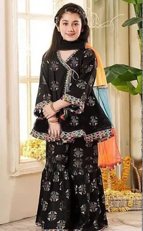 FCP-02 Black Printed_Embroidered kids Wear Lawn two piece