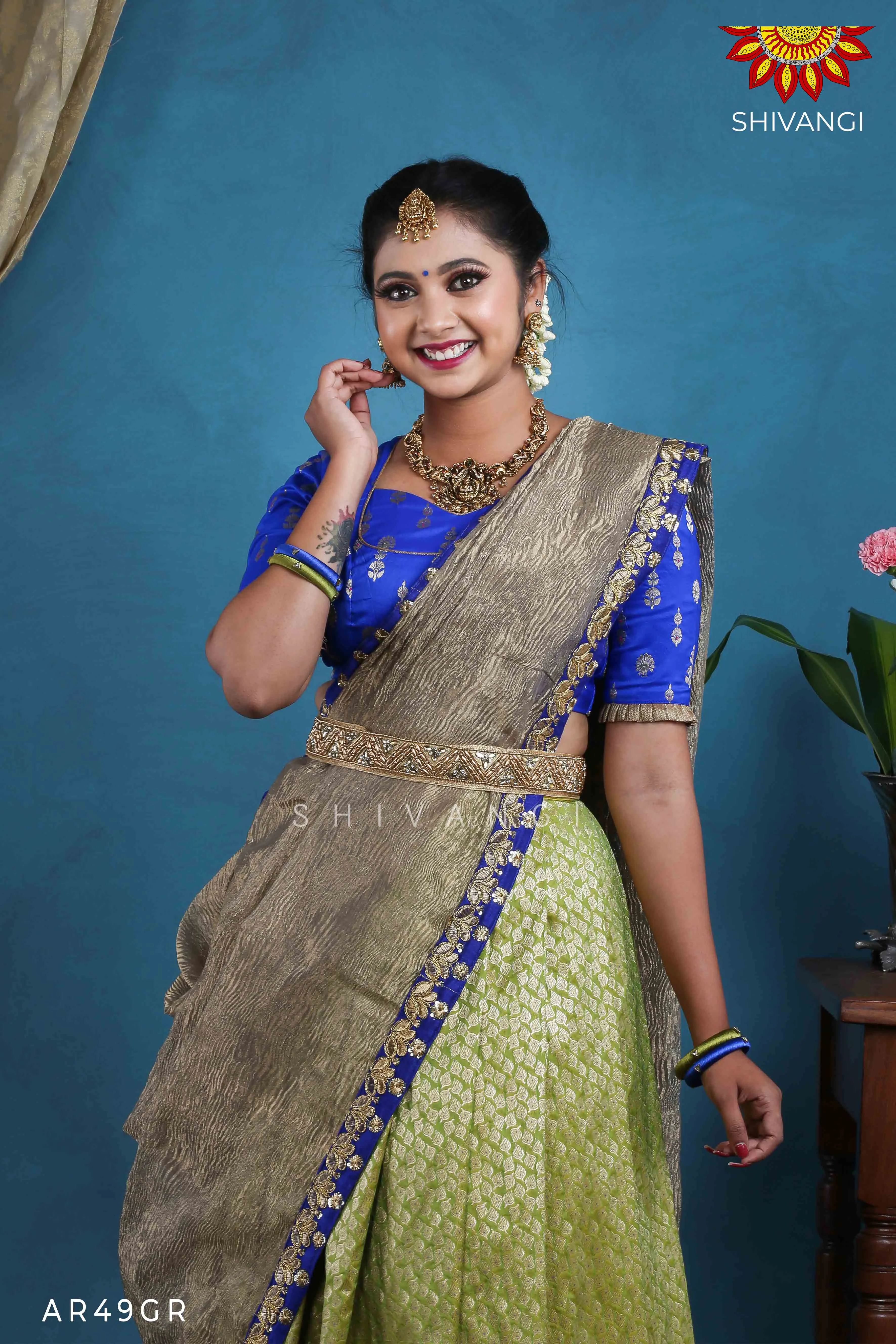 Girls Green Peacock Paradise Alpha Half Saree | Langa Davani