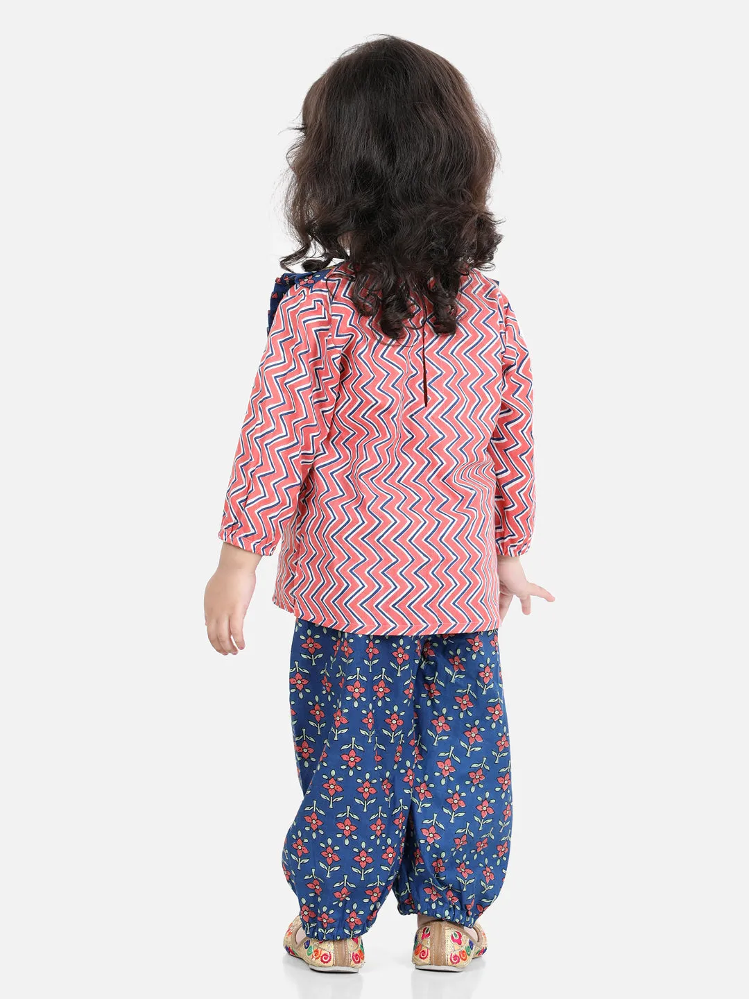 Girls Pure Cotton Printed Top Harem Pant Indo Western Clothing Set -Peach