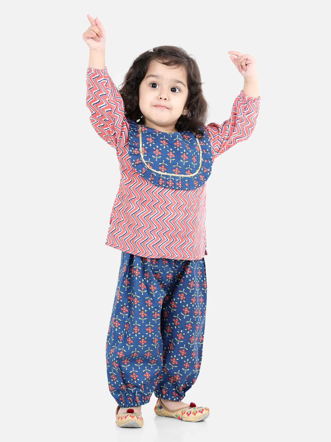 Girls Pure Cotton Printed Top Harem Pant Indo Western Clothing Set -Peach