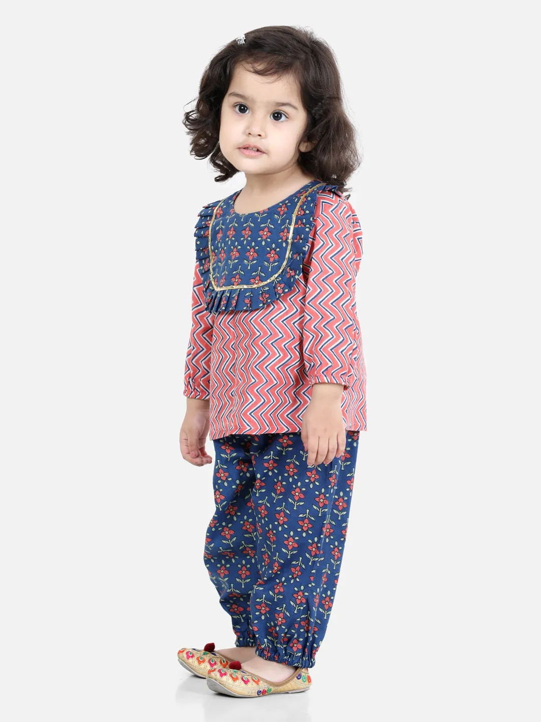 Girls Pure Cotton Printed Top Harem Pant Indo Western Clothing Set -Peach