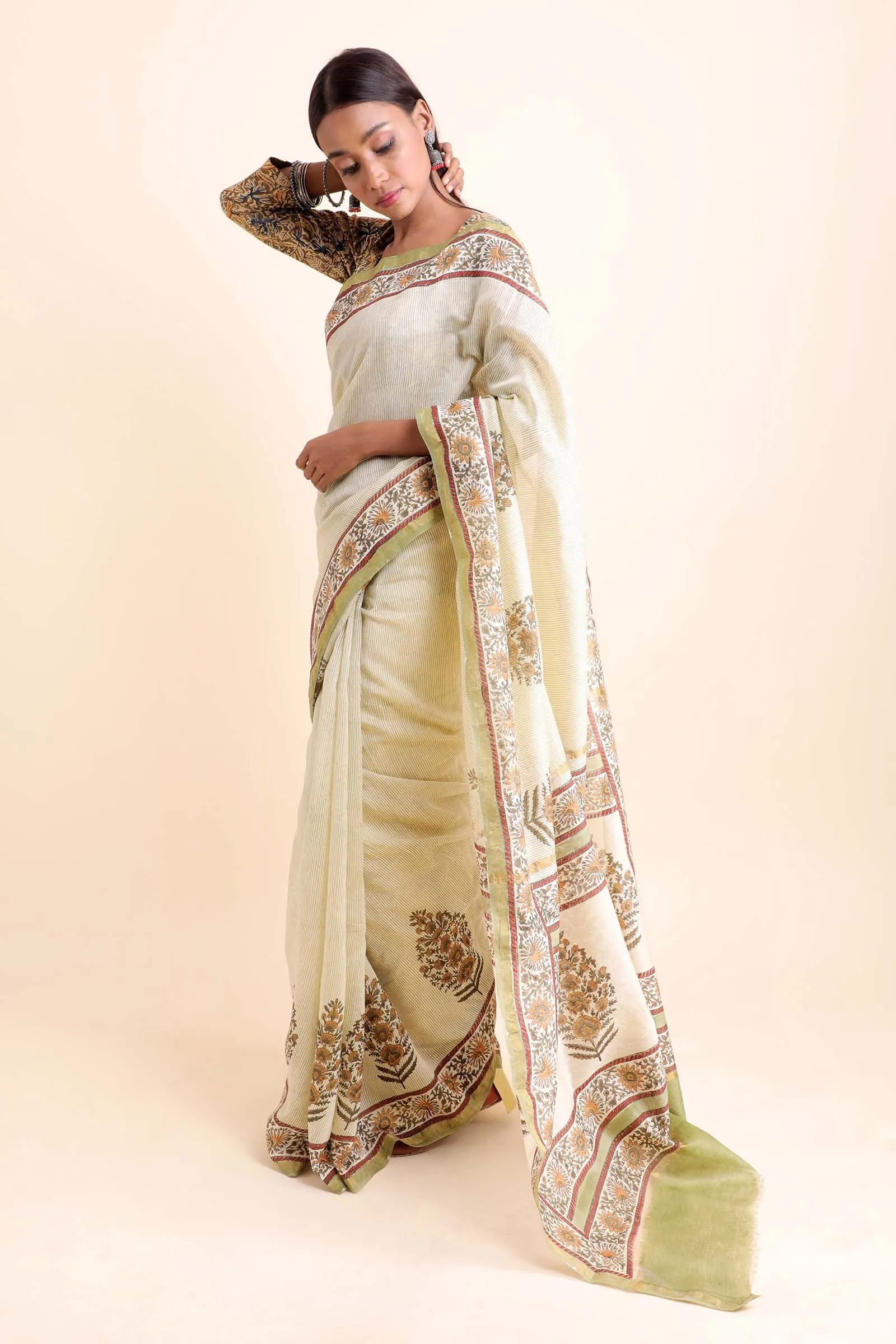 Guldasta Chanderi Cotton Silk Saree wth Handblock