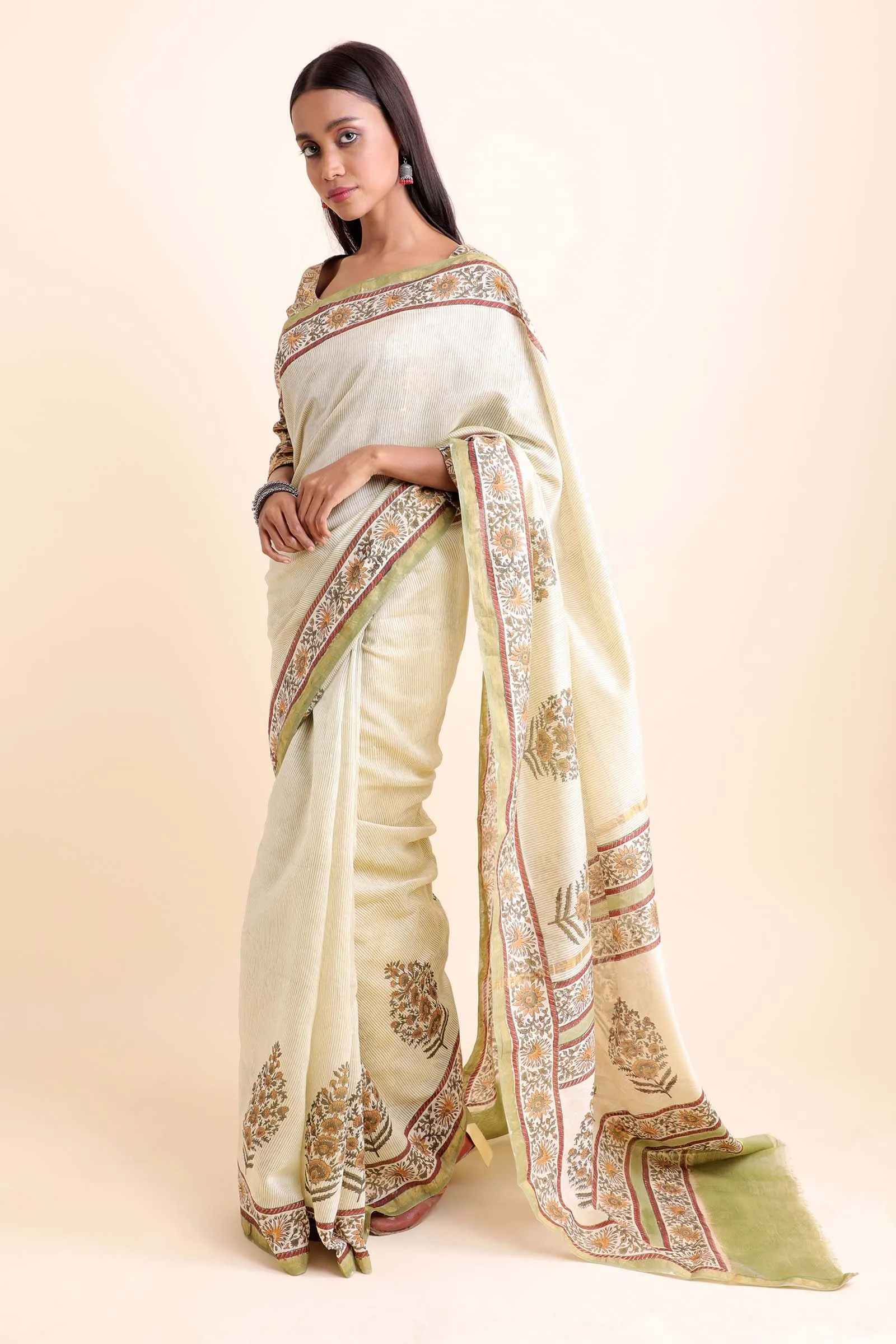 Guldasta Chanderi Cotton Silk Saree wth Handblock