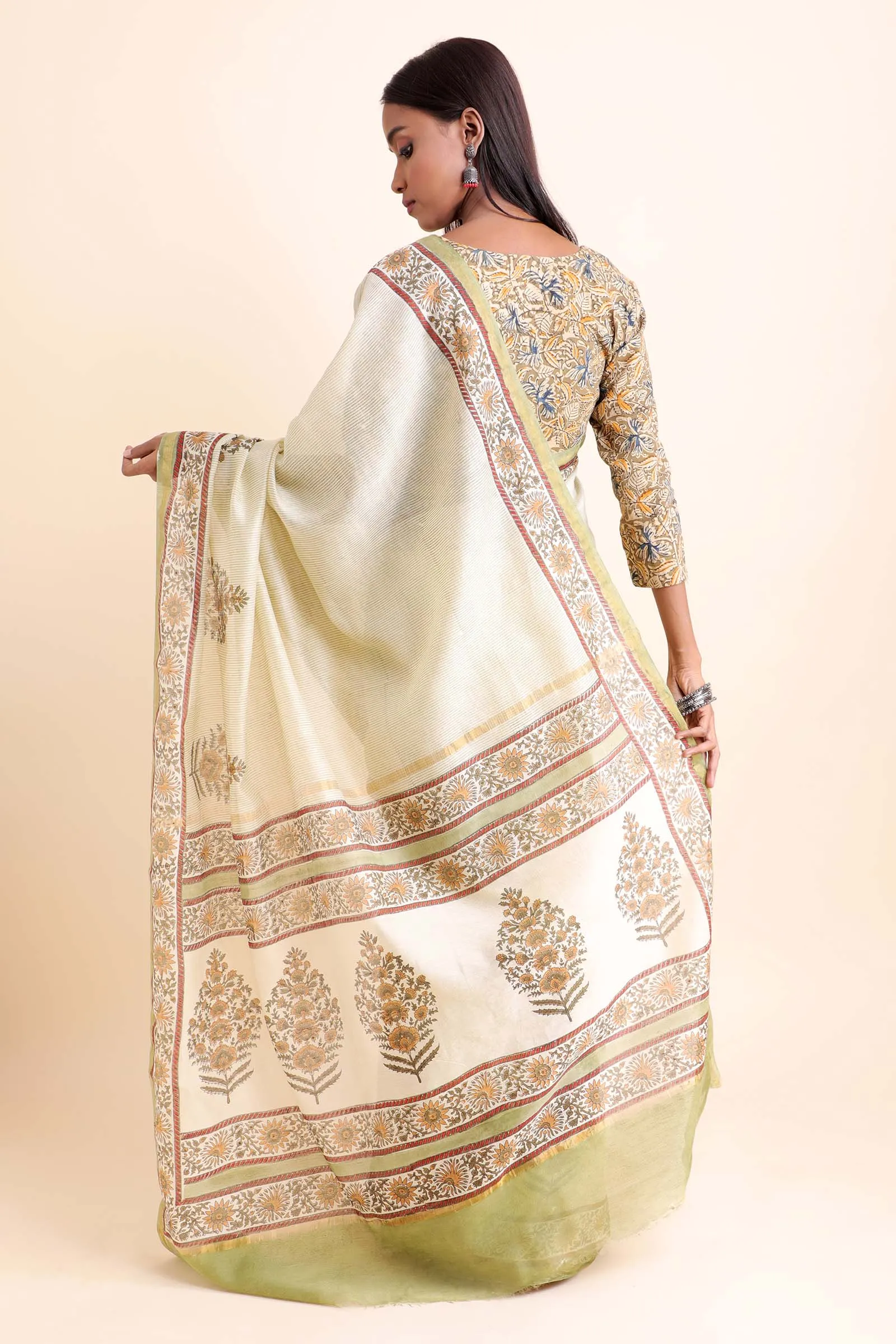 Guldasta Chanderi Cotton Silk Saree wth Handblock