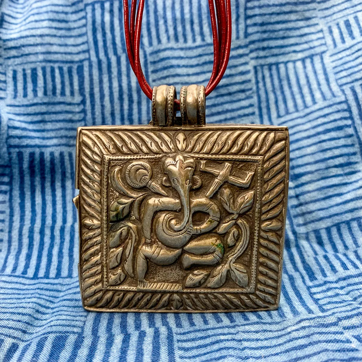 Hand Stamped 80% Silver Sheet Ganesha and Lakshmi Large Pectoral Pendant Amulet Box