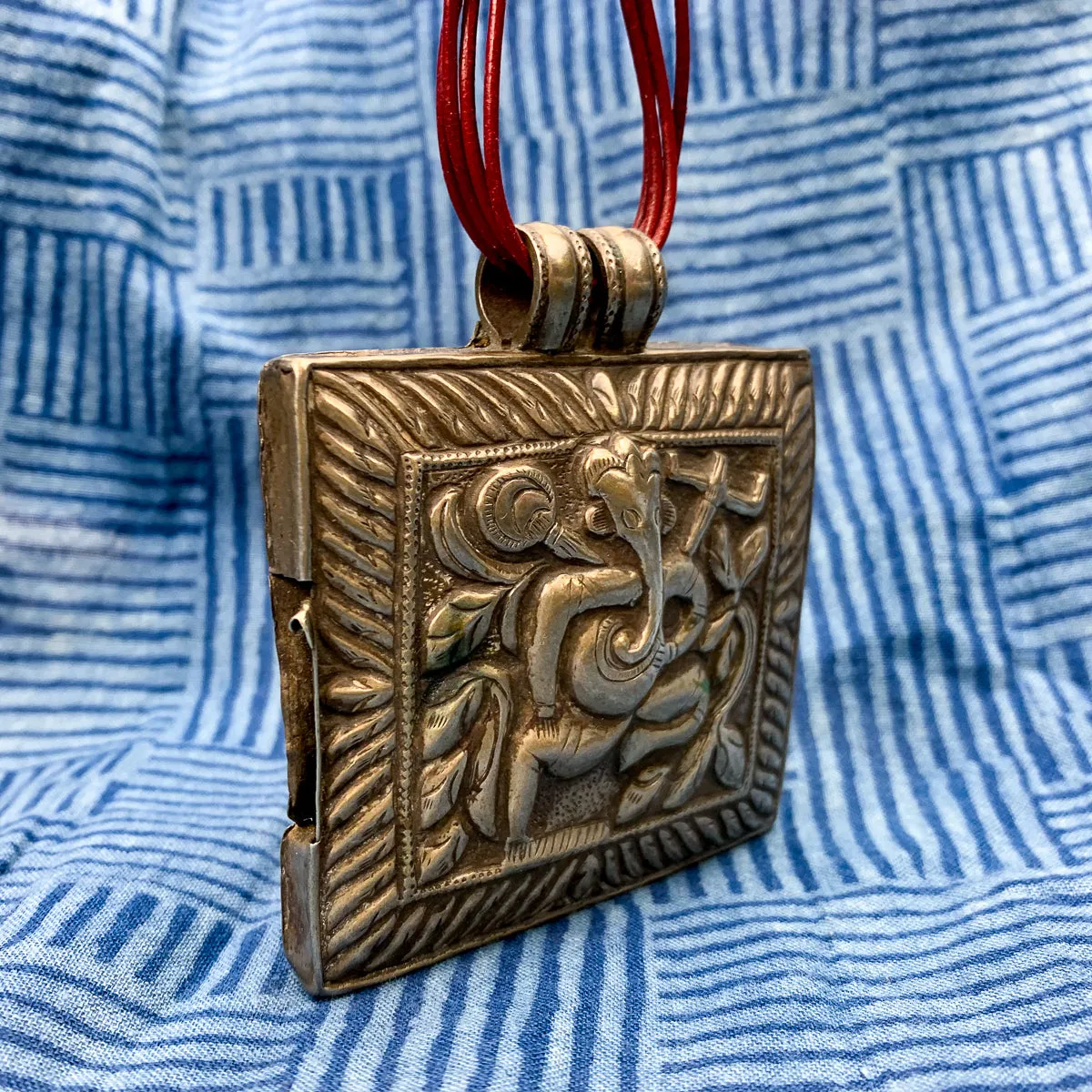 Hand Stamped 80% Silver Sheet Ganesha and Lakshmi Large Pectoral Pendant Amulet Box