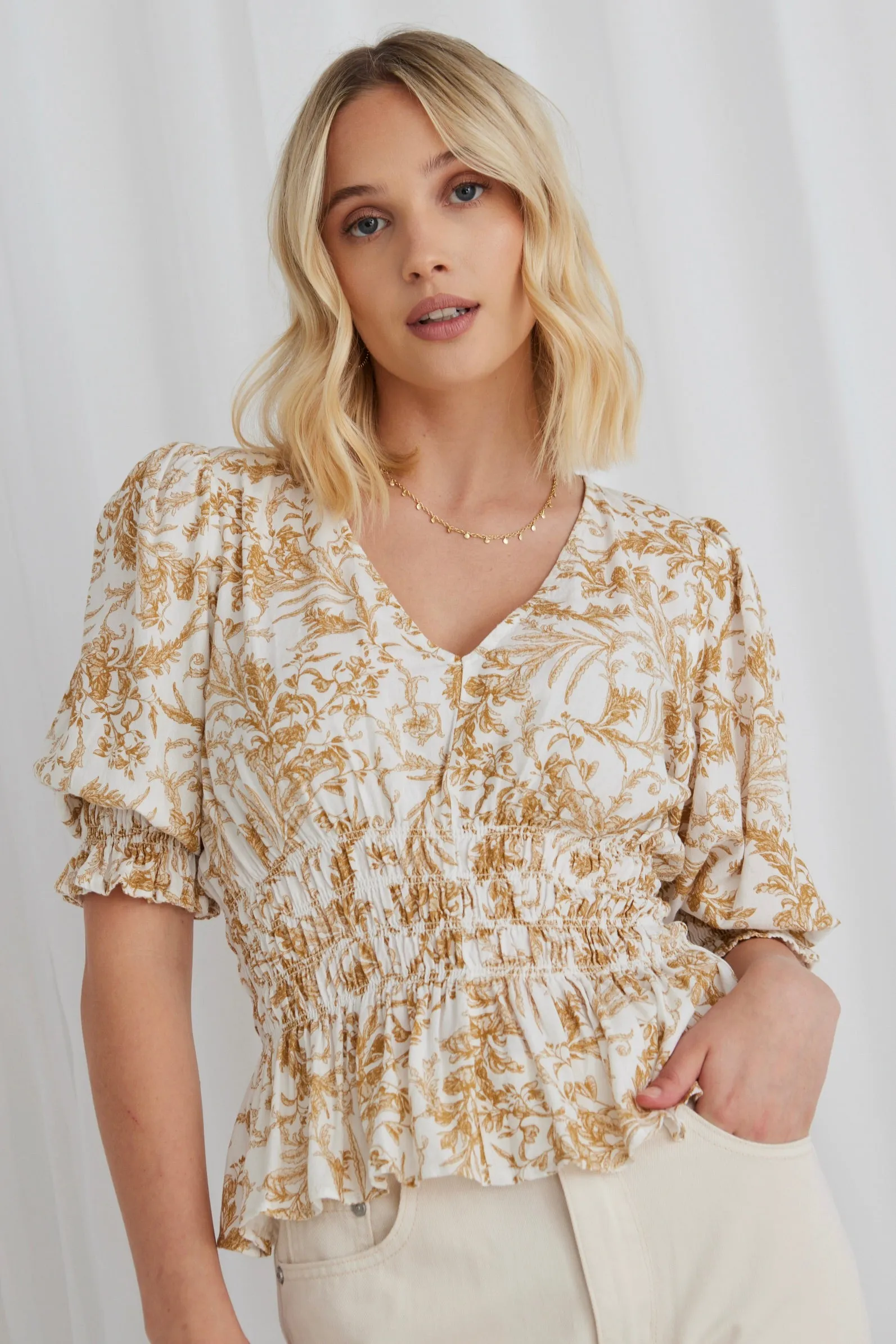 Lightness Ginger Baroque Print Shirred Panel Ss Top