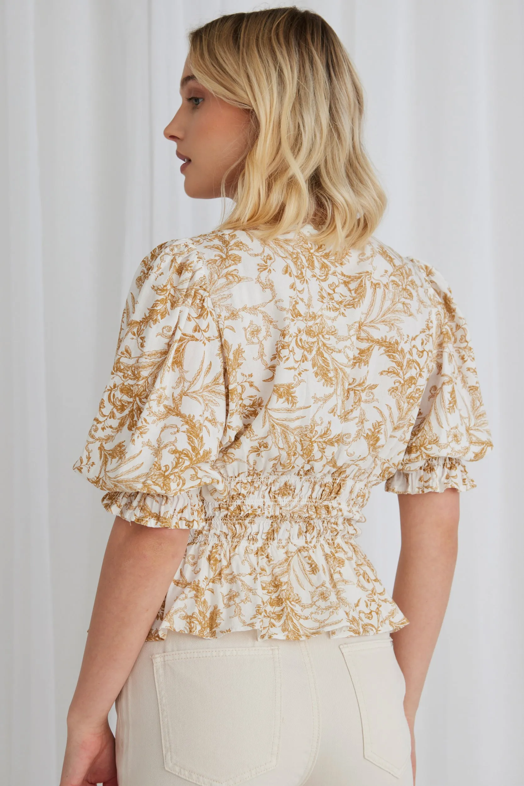 Lightness Ginger Baroque Print Shirred Panel Ss Top