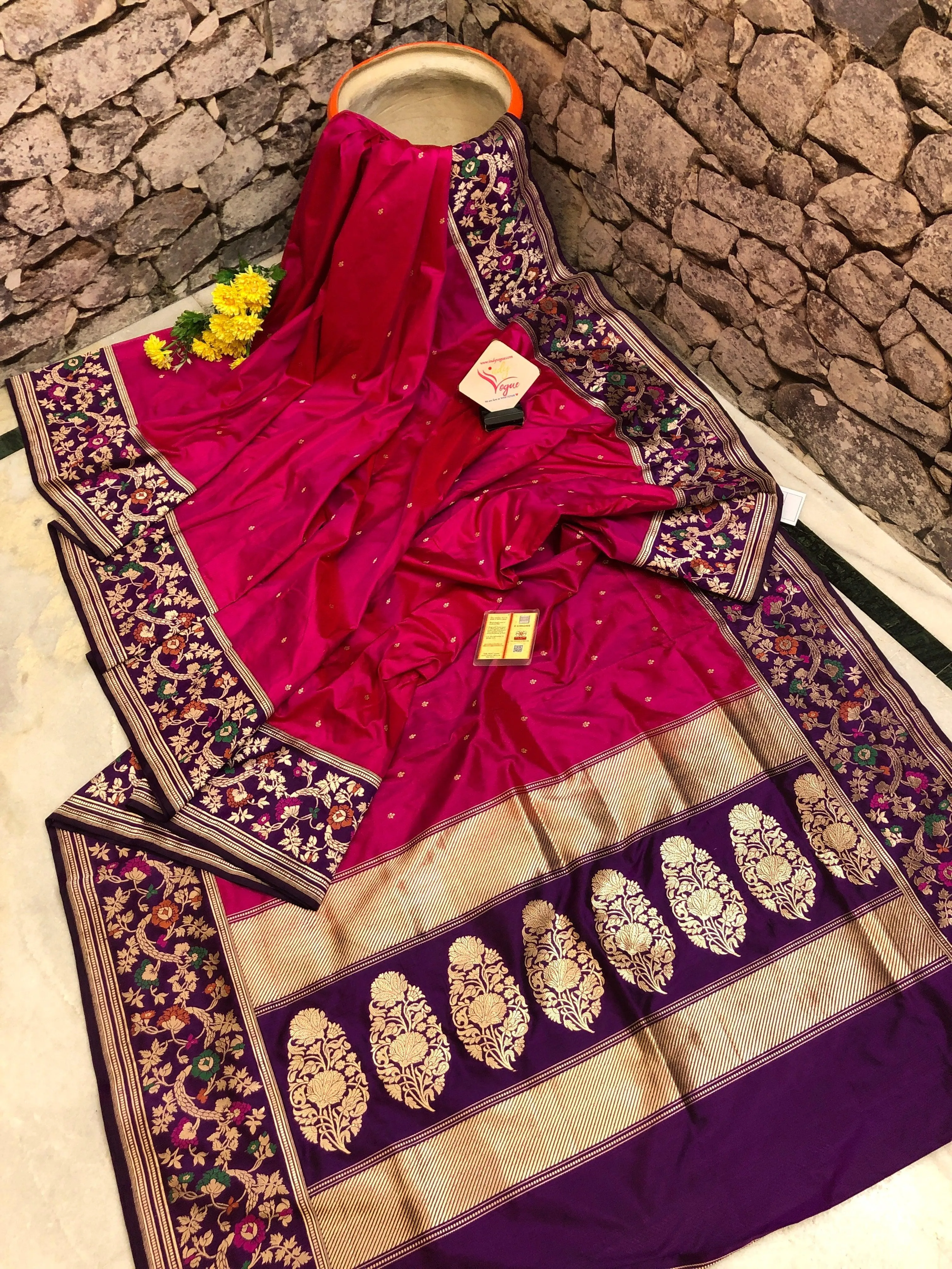 Magenta Color Pure Katan Banarasi Saree with Meenakari Design