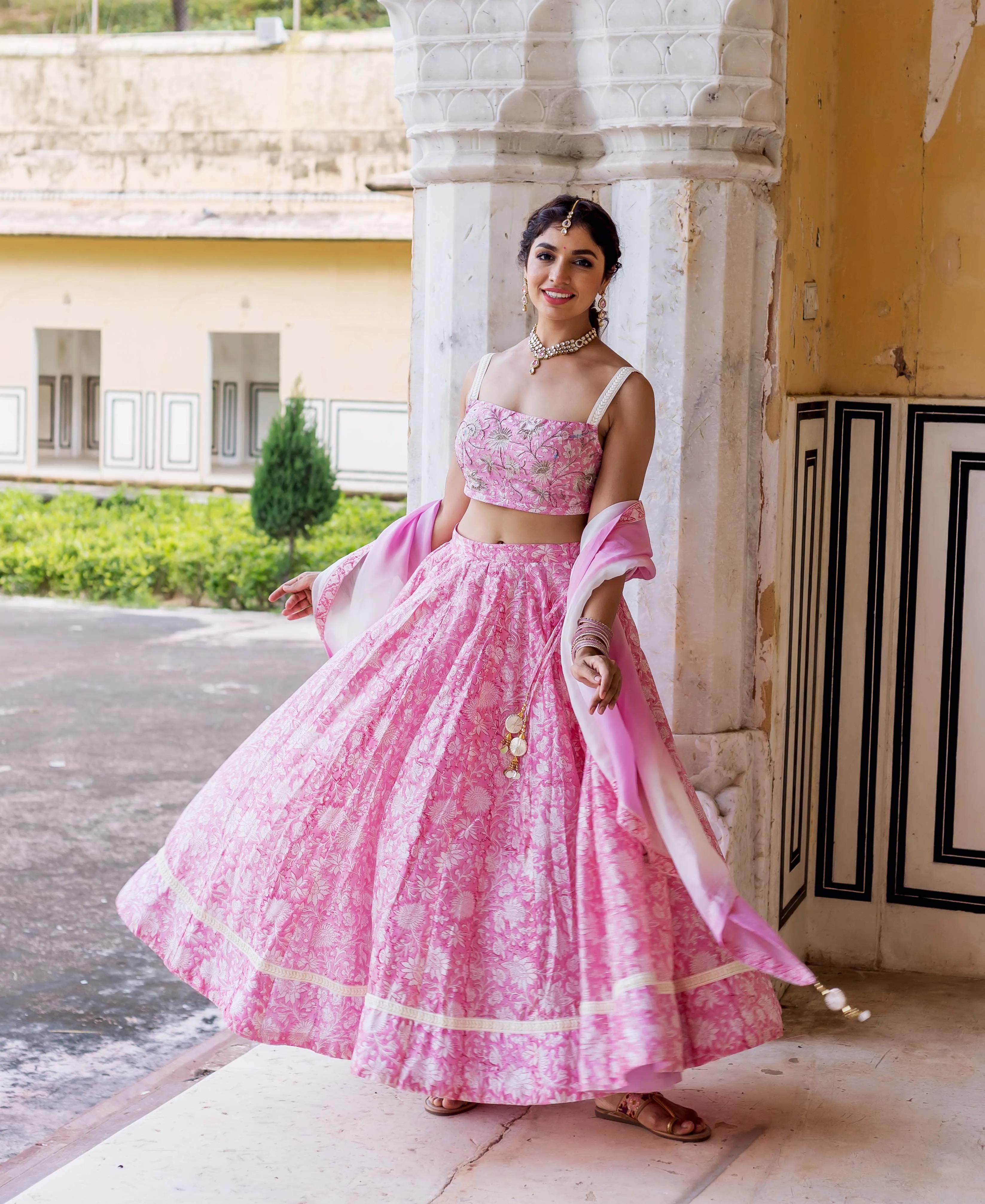 Mahi Hand Block Printed  and Embroidered Lehenga Set