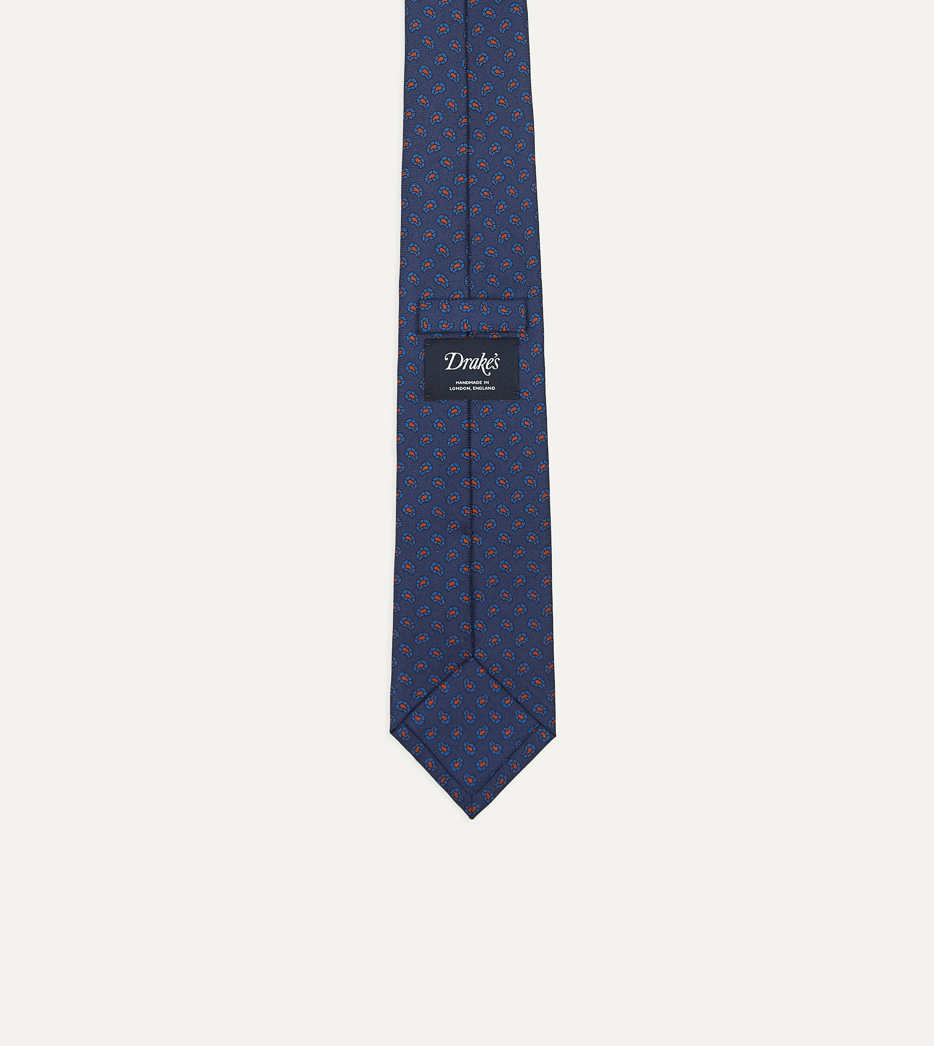 Navy Mini Paisley Leaf Print Silk Twill Self Tipped Tie