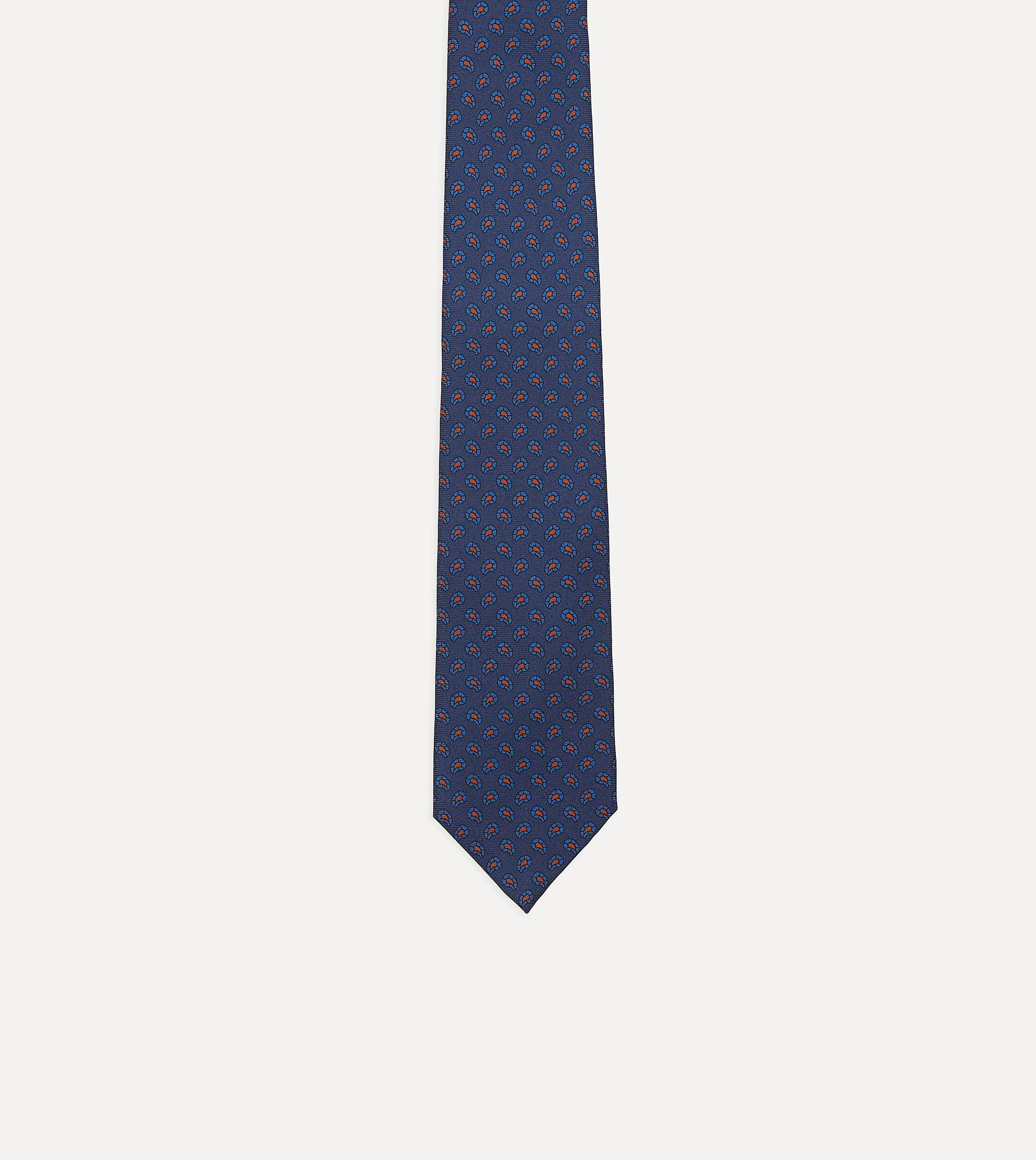 Navy Mini Paisley Leaf Print Silk Twill Self Tipped Tie