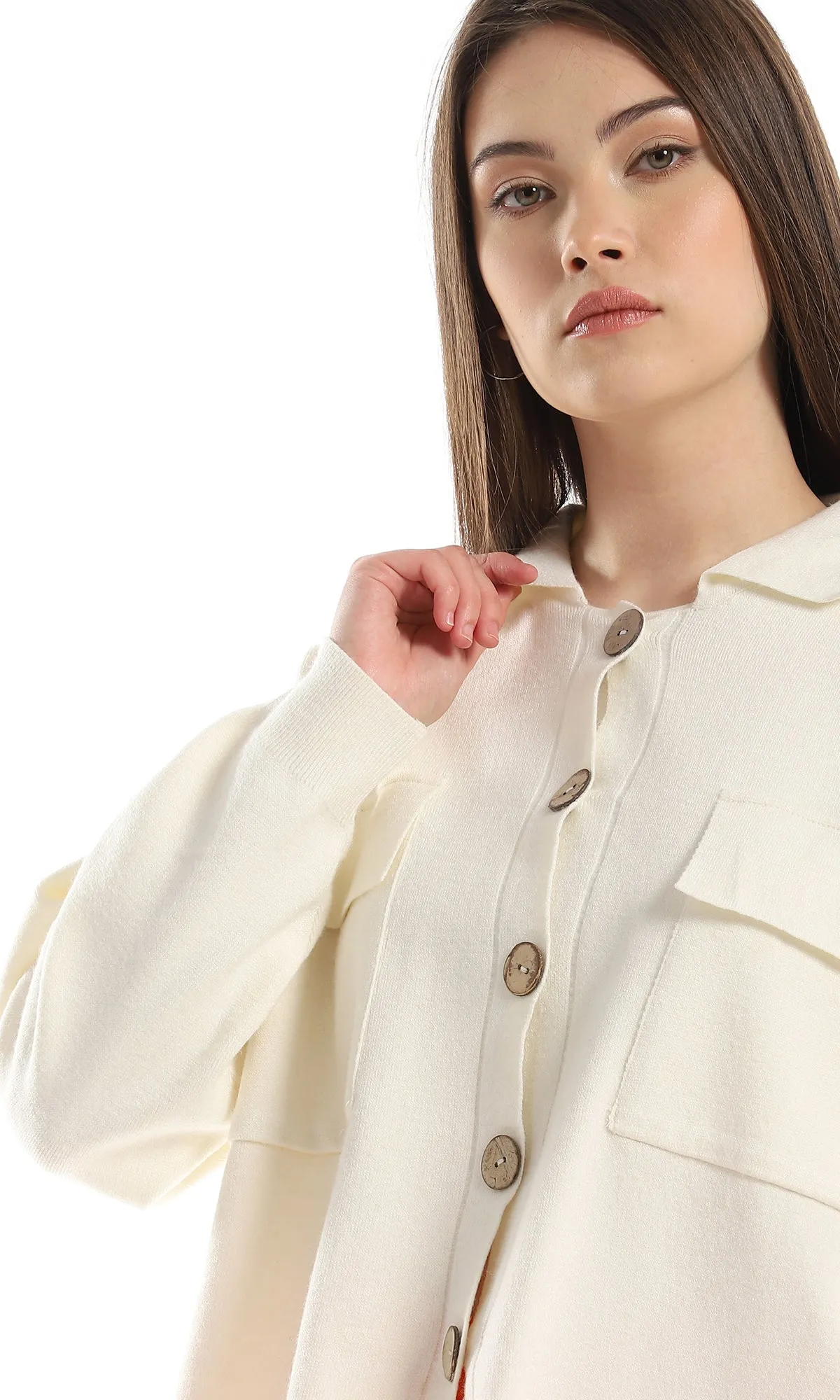 O158044 Plain Acrylic Winter Off White Shirt With Brown Buttons