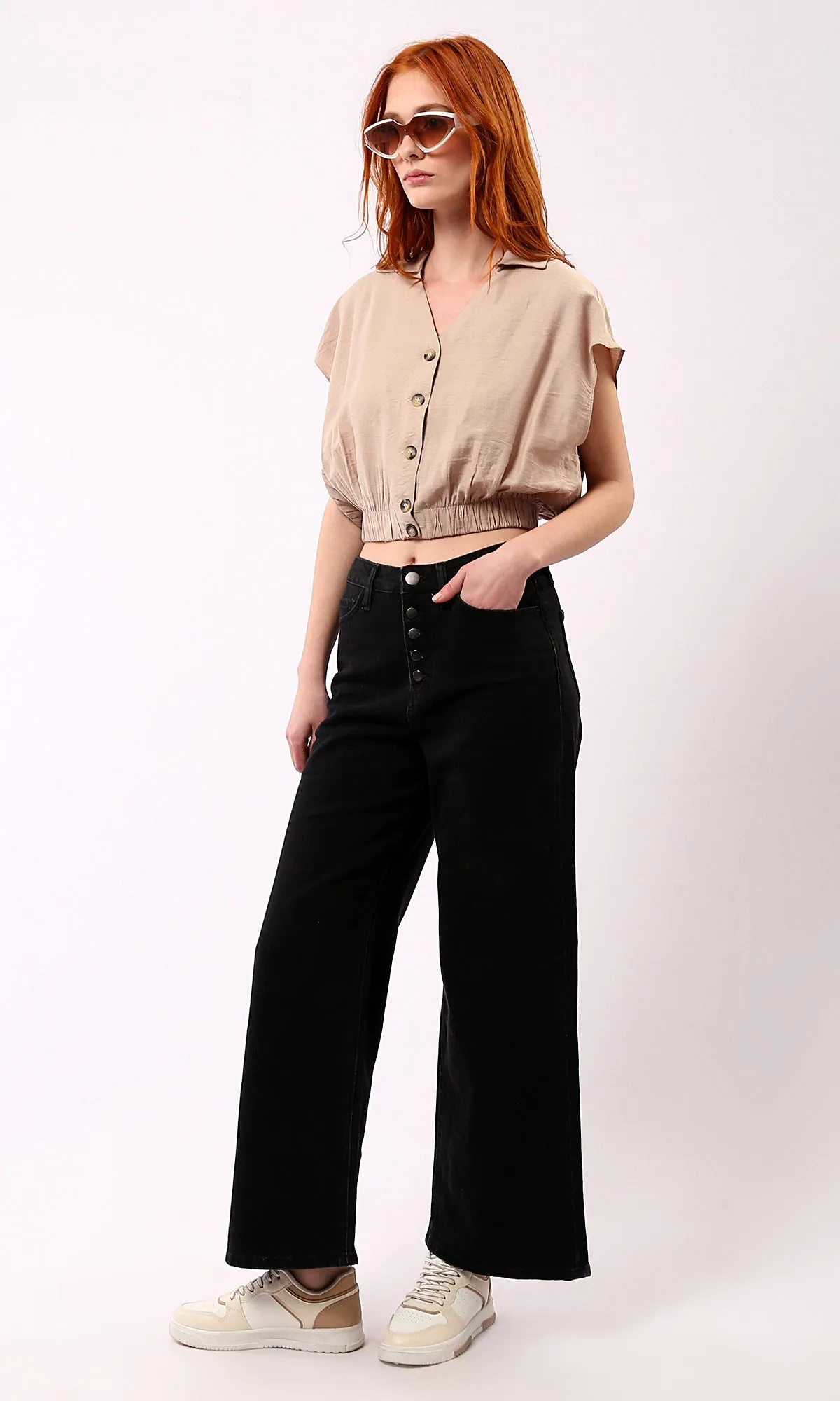 O179142 Light Coffee Cap Sleeves Buttoned Shirt With Hem