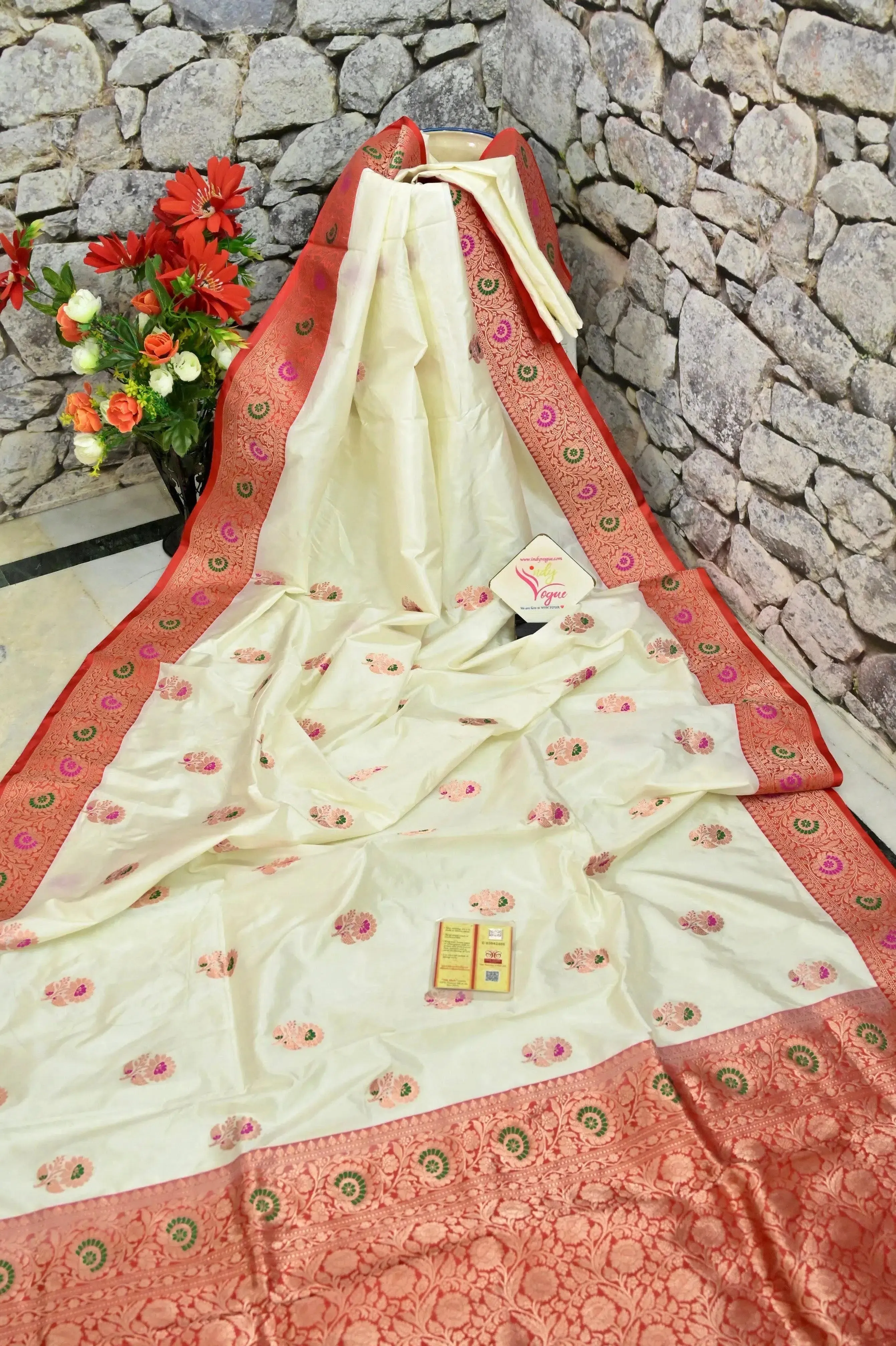 Offwhite and Red Color Katan Banarasi Silk Saree with Meenakari Work