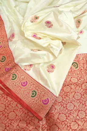 Offwhite and Red Color Katan Banarasi Silk Saree with Meenakari Work