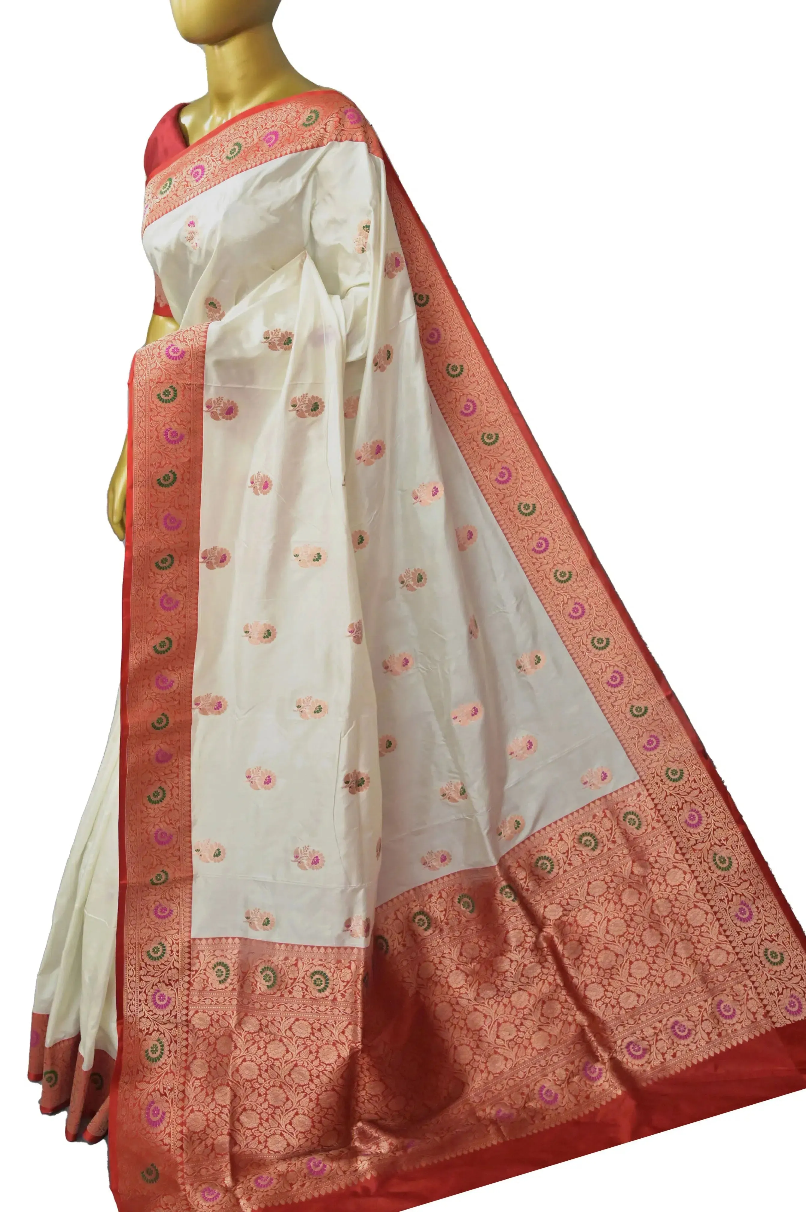 Offwhite and Red Color Katan Banarasi Silk Saree with Meenakari Work