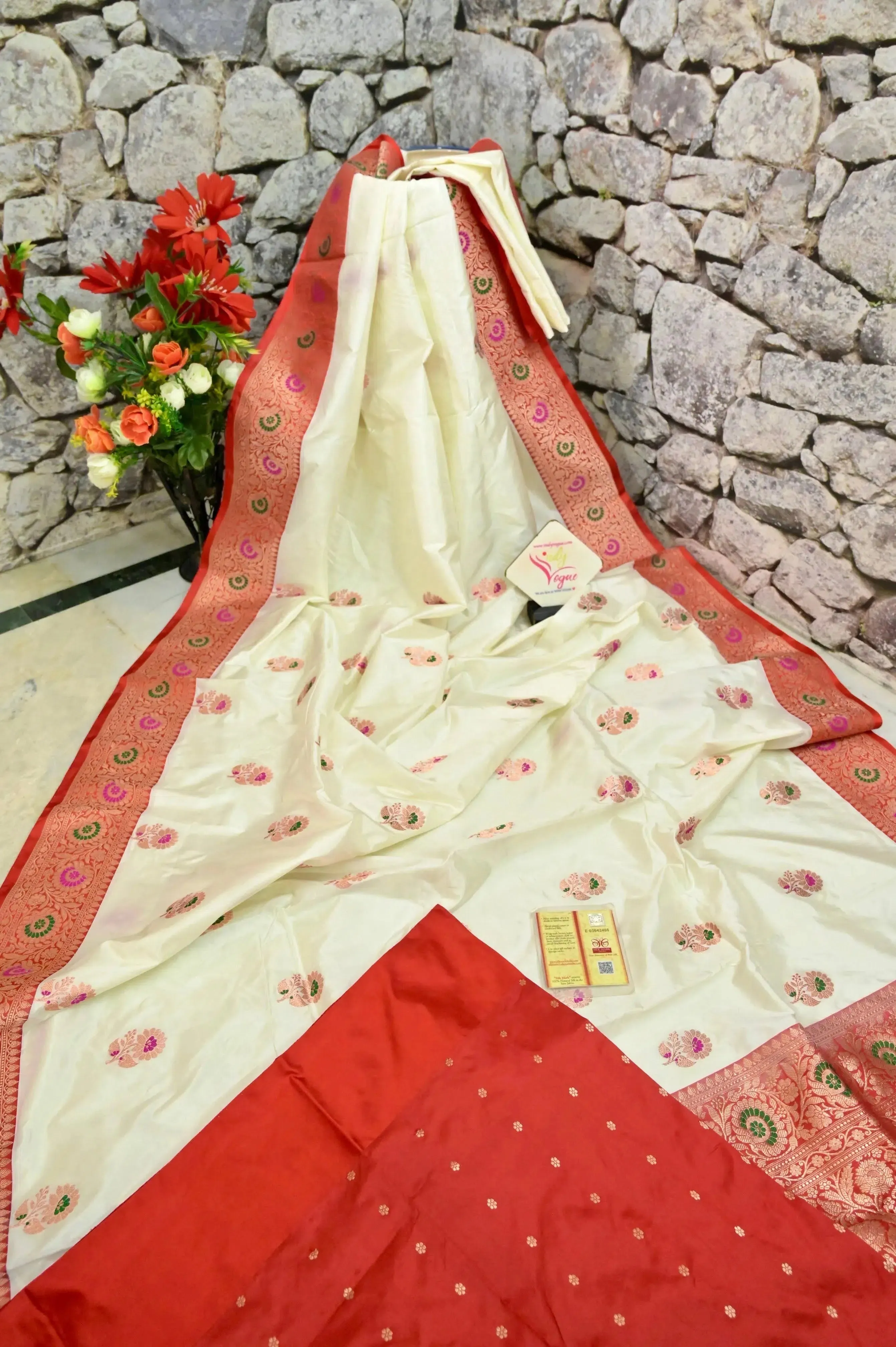 Offwhite and Red Color Katan Banarasi Silk Saree with Meenakari Work