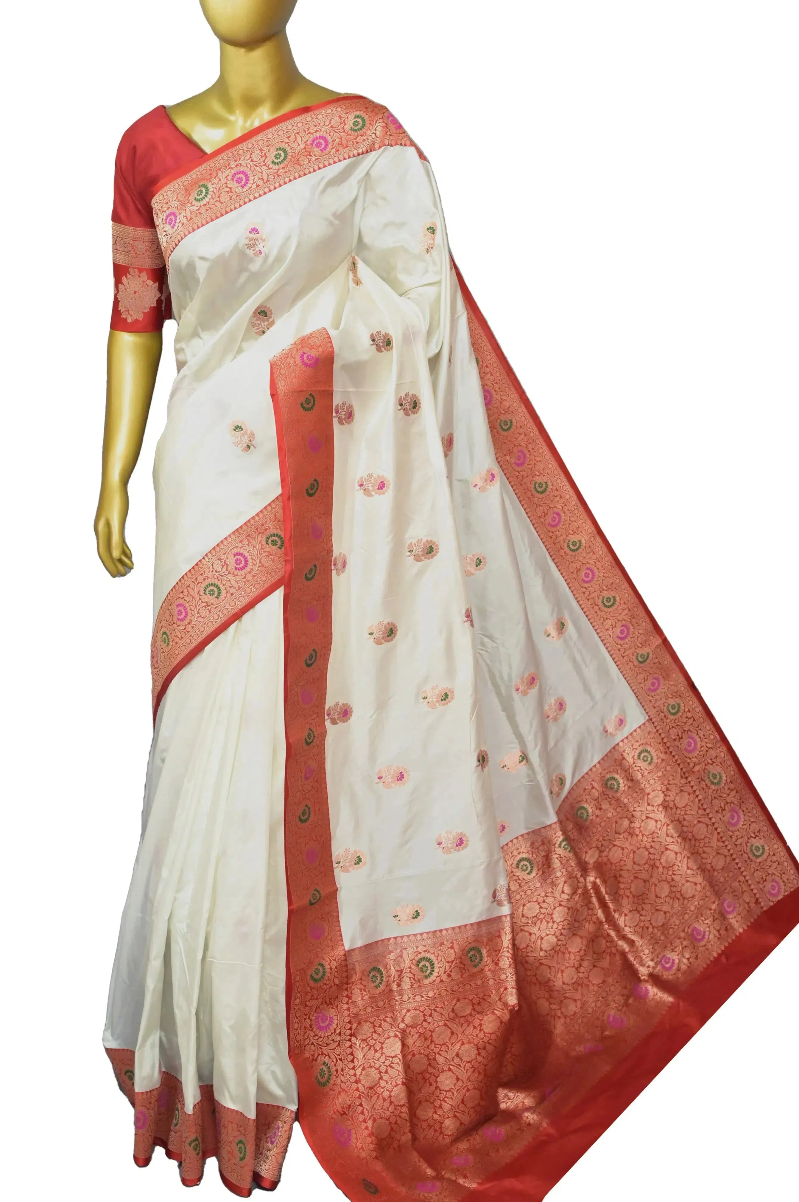 Offwhite and Red Color Katan Banarasi Silk Saree with Meenakari Work