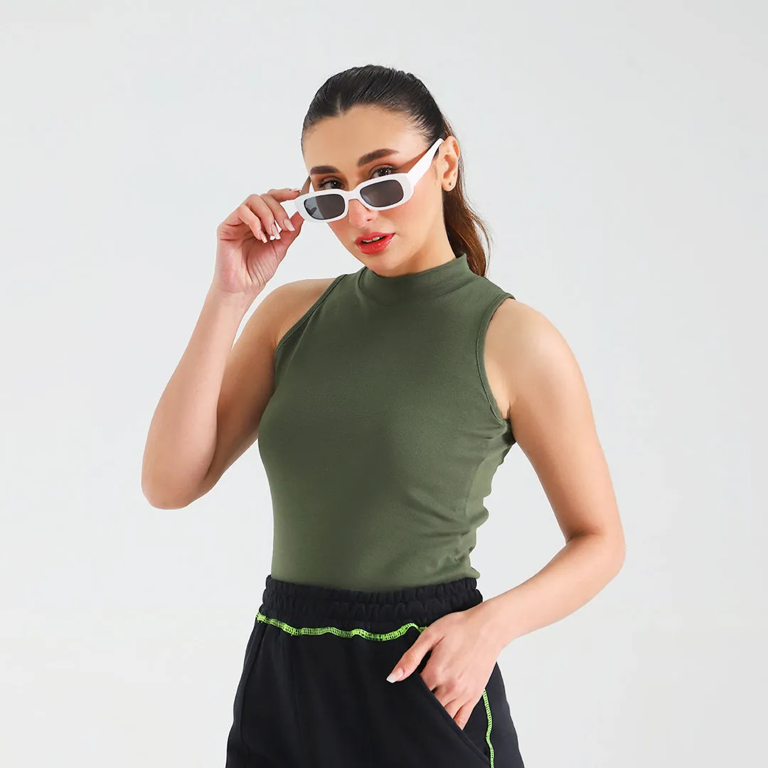 Olive Ribbed Sleeveless Mock Neck Top