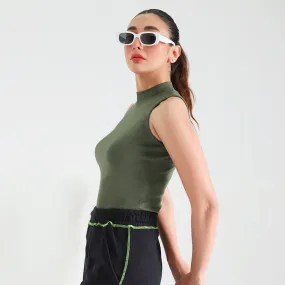 Olive Ribbed Sleeveless Mock Neck Top