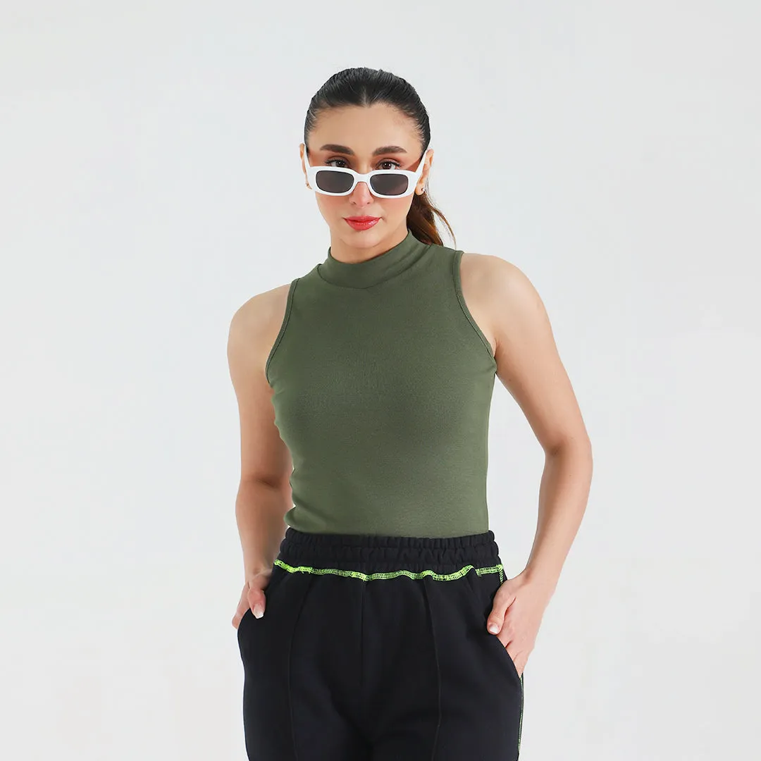 Olive Ribbed Sleeveless Mock Neck Top