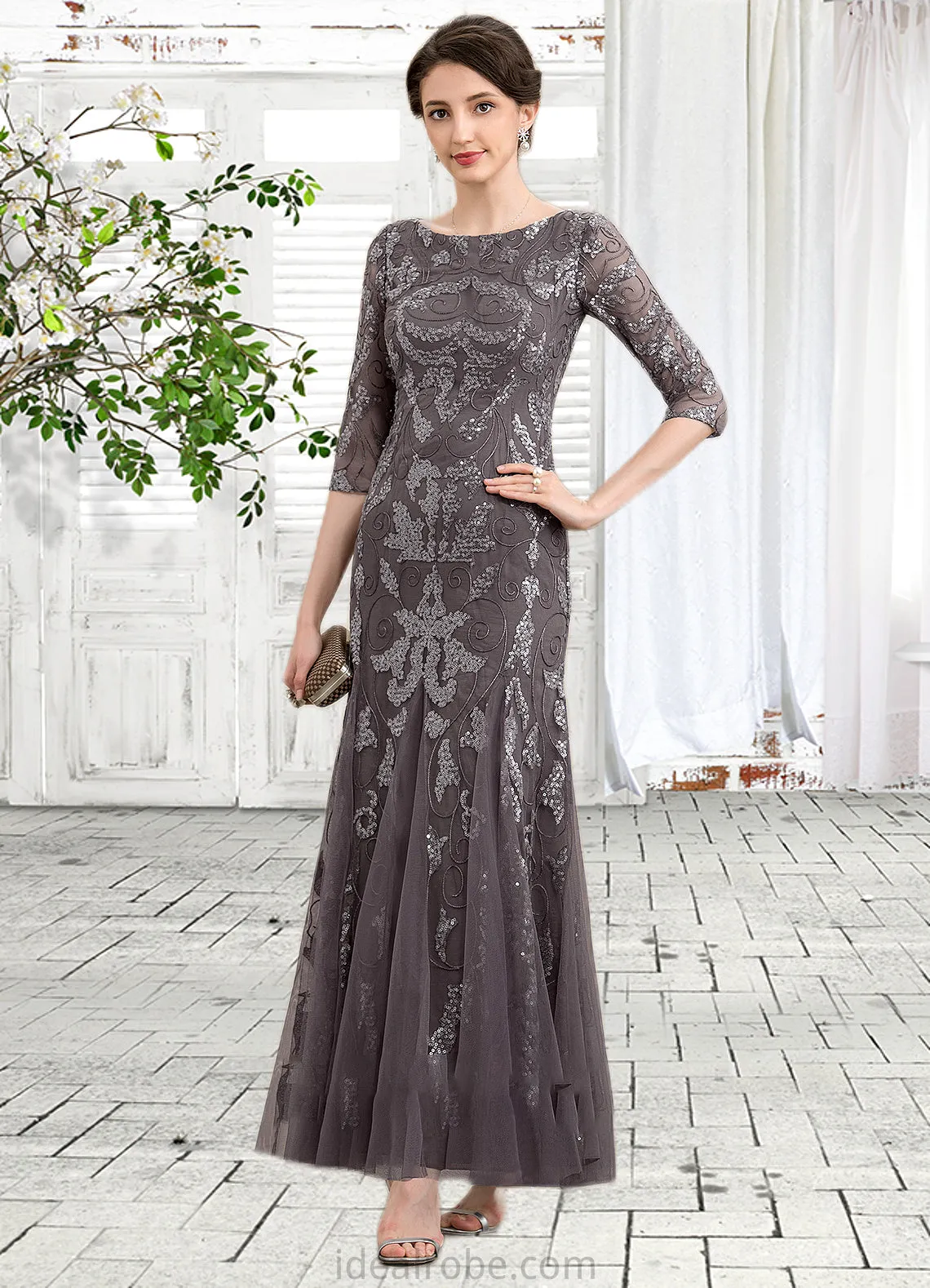 Paisley Sheath/Column Scoop Neck Ankle-Length Tulle Sequined Mother of the Bride Dress STK126P0014758