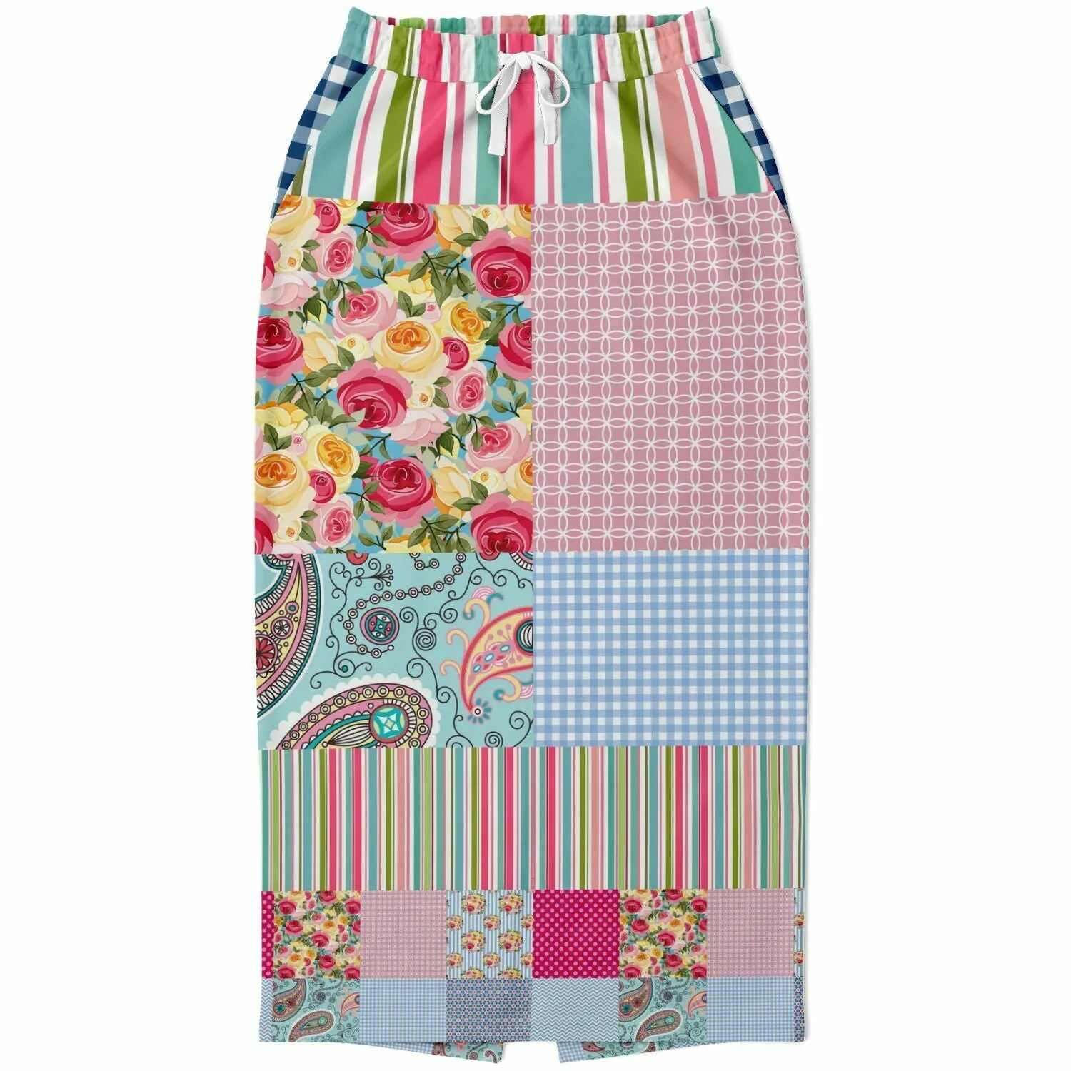 Pink Sherbert Floral Patchwork Plaid Eco-Poly Long Pocket Skirt