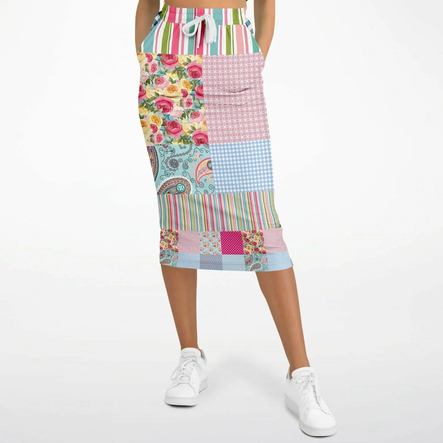 Pink Sherbert Floral Patchwork Plaid Eco-Poly Long Pocket Skirt