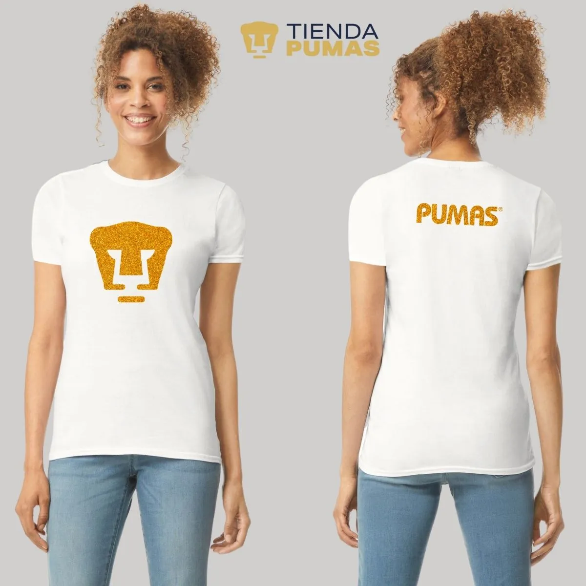 Playera Mujer Pumas UNAM Logo Dorado Glitter