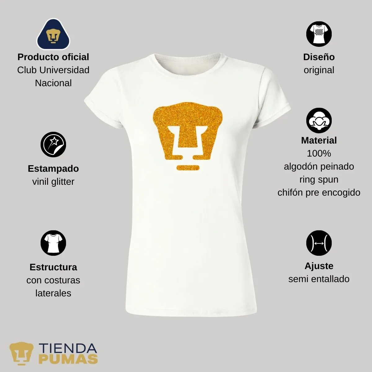 Playera Mujer Pumas UNAM Logo Dorado Glitter