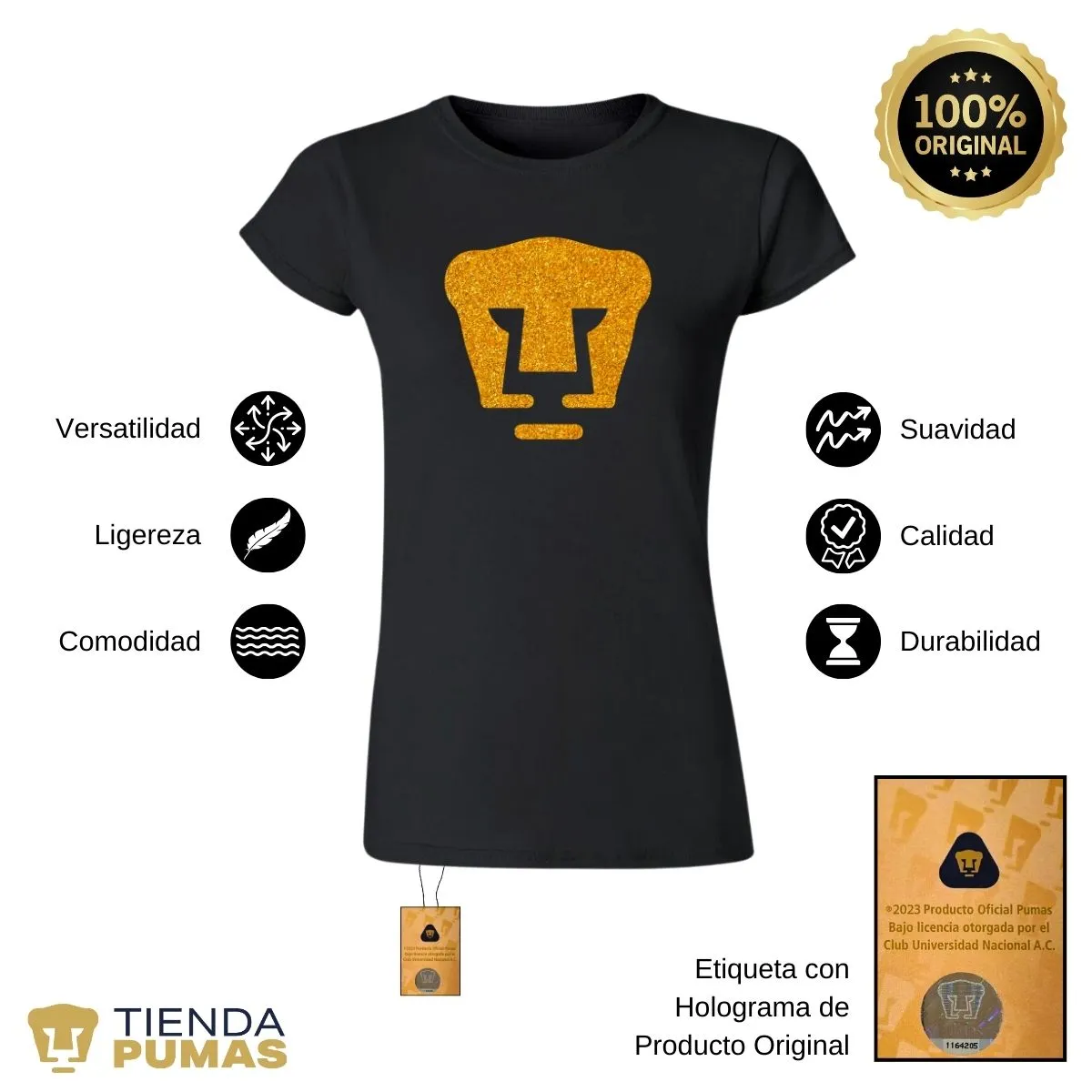 Playera Mujer Pumas UNAM Logo Dorado Glitter