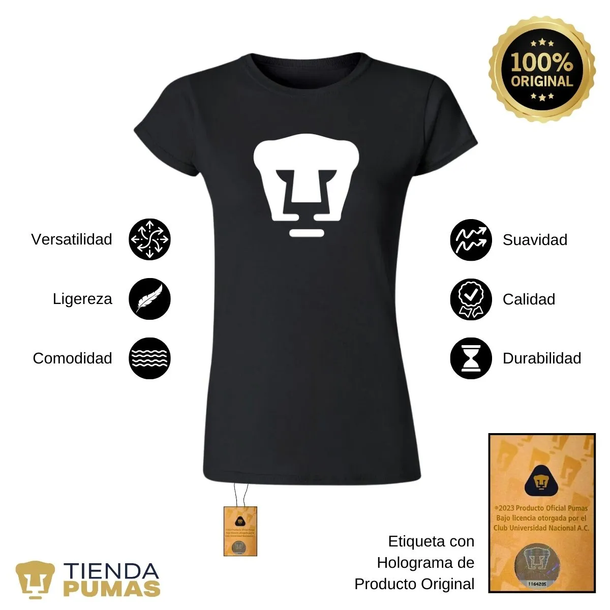 Playera Mujer Pumas UNAM Logo Monocromatico Vinil